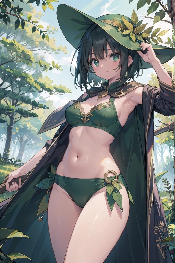 fantasy, 1forest_elemental_girl,(dark_skin:0.9), (using_leaves_clothes:1.1), green_leaves_covered_breasts, leaves_covered_pussy,covered_nipples,(gigantic_heavy_tits:1.1), walking, smile, sleepy, medium_hair, navel oil, (winding_vine_around_torso:1.1), forest_background, leaves_headgear, green_leaves_cape, spread_arms, large_staff, leaves_thighhighs, big_ass,solo,(pelvic_curtain:1.2), tabard,(plump:0.8),cowboyshot