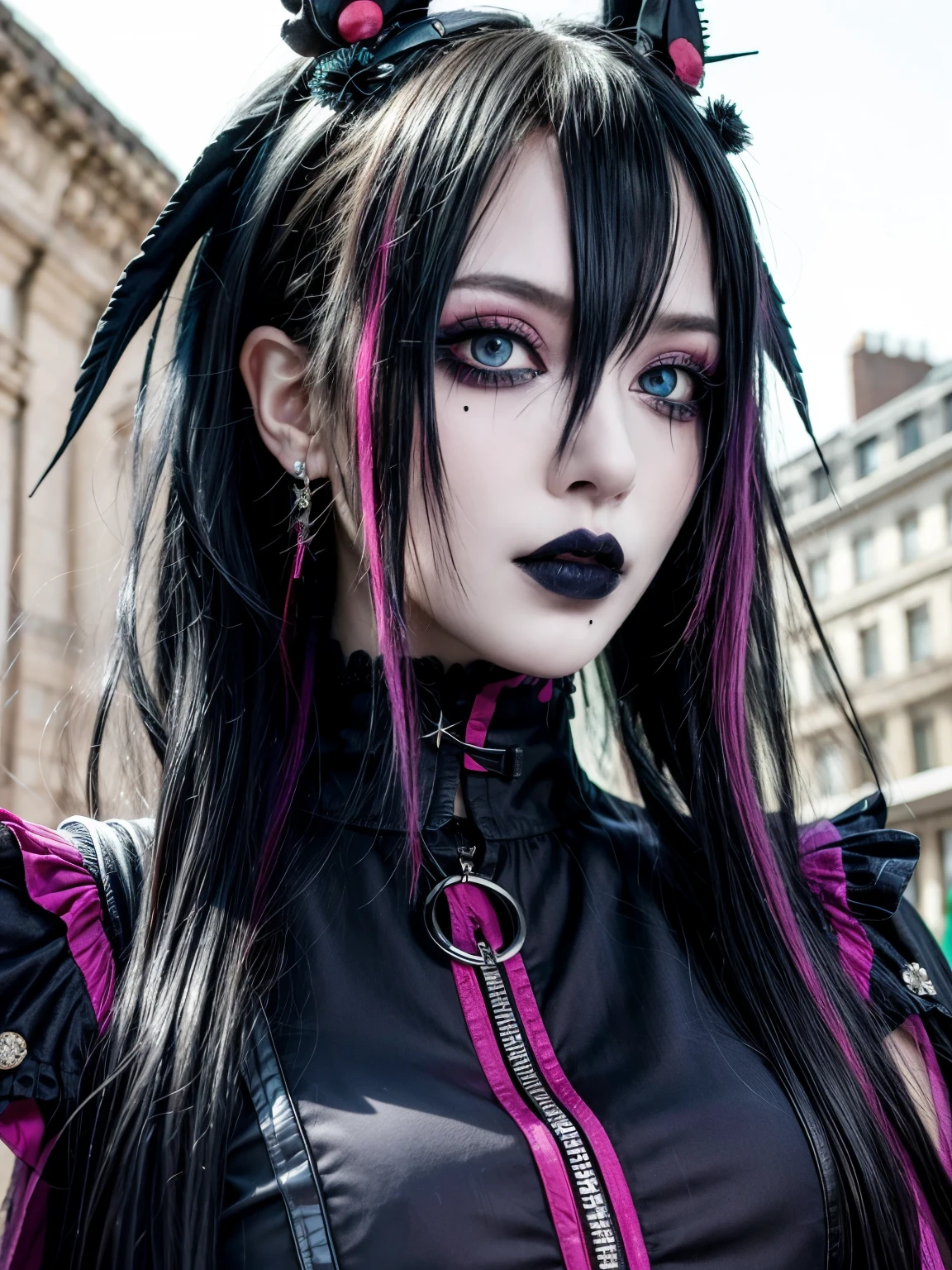 A rebellious punk girl with a striking hairstyle featuring black lips and black hair with pink streaks. The image captures her edgy look in a moody indoor setting. Her dark and vibrant appearance contrasts beautifully against the subdued background, showcasing her unique style and personality. The high-definition image skillfully showcases every intricate detail of her bold makeup and colorful hair, making her presence stand out with a sense of fierce individuality.