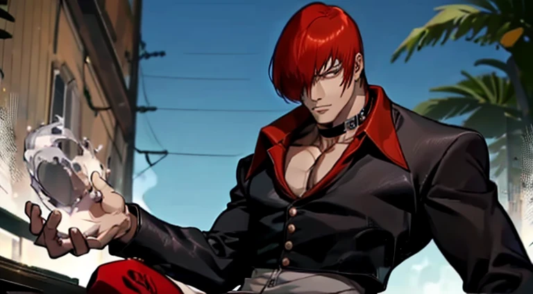 iorikof, absurdres, highres, ultra detailed, HDR, master piece, best quality, master piece, best quality, 1man, solo, male focus, red hair, hair over one eye, red eyes, red pants, black choker, sexy man, muscular Simple lines, Abstract Art, handsome, male eyes, {hair over one eye}, half-closed eyes, {{30's old man}}, black coat, red pants, black choker, five fingers,