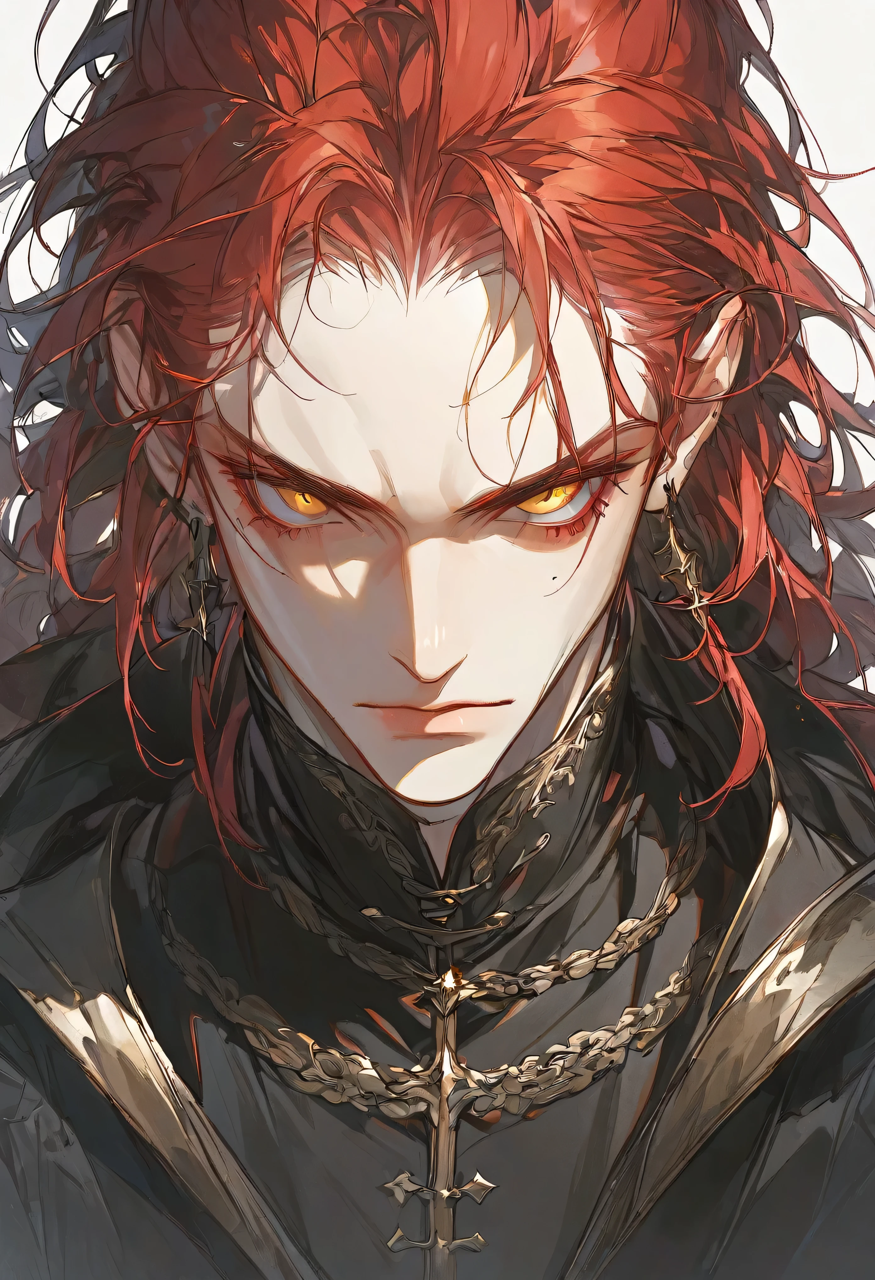 Draw the man Lucien Vanserra, Feyre's loyal friend and ally in "ACOTAR," with a realistic face. Portray him with intense, piercing amber eyes that reflect his determination and unwavering loyalty and his tanned skin. Highlight the arched and expressive eyebrows, which denote your cunning and intelligence. Draw your thin lips, conveying an aura of mystery and wit. Don't forget to portray the striking features of your long, sunburned red hair with gleaming golden locks. Be sure to capture the scar on his eye, symbol of the battles he faced alongside the High Lords. Convey the complexity of your personality through details like frown lines and subtle wrinkles --auto