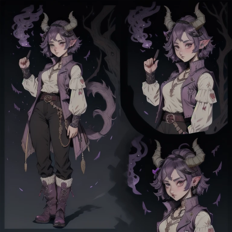 A female half demon, full body, hq style, character sheet, fantasy clothes, blouse and vest, pants, boots, belt, great goat horns, purple skin, holding a amulet, medium short purple hair, fight pose, white background 