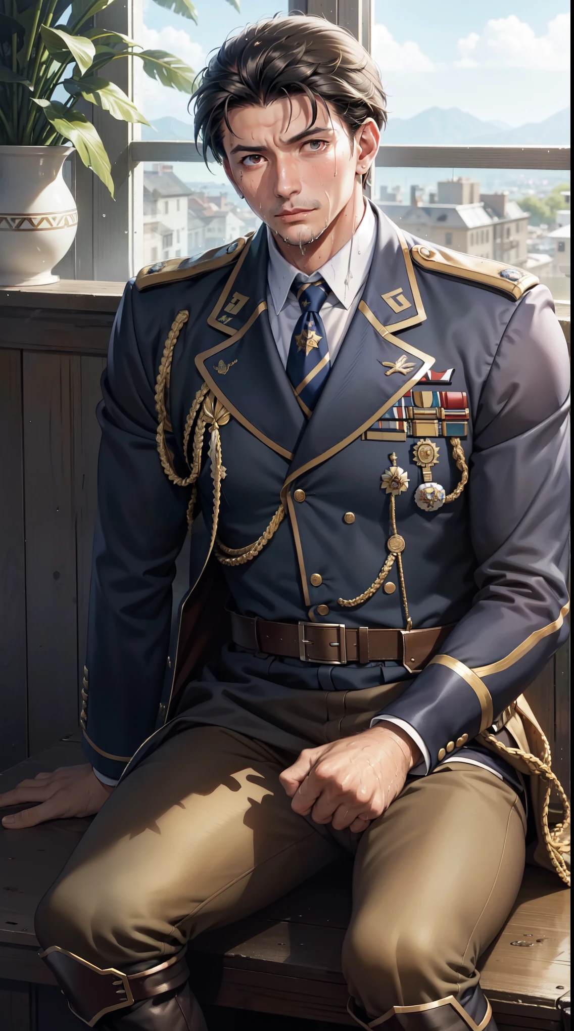 Hector Fay, Ultra high quality cg, Solitary, Looking at the audience, Open your mouth, Sweating, Wet, Drooling, Gloves, 1 man, Short hair，Handsome face，Sitting astride, Male focus, tie，shirt， military uniform，Military boots（Boots）
