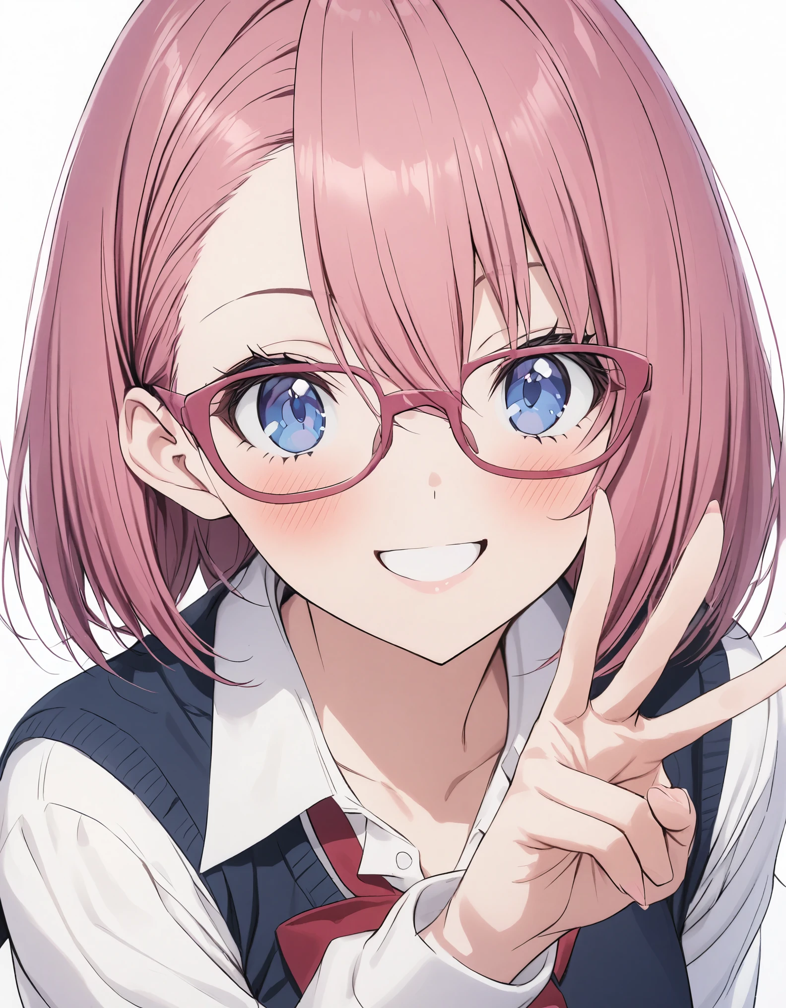 masterpiece, Ririsa Amano, short hair, pink hair, blue eyes, pink glasses, school uniform, Smile, make V sign with her hand