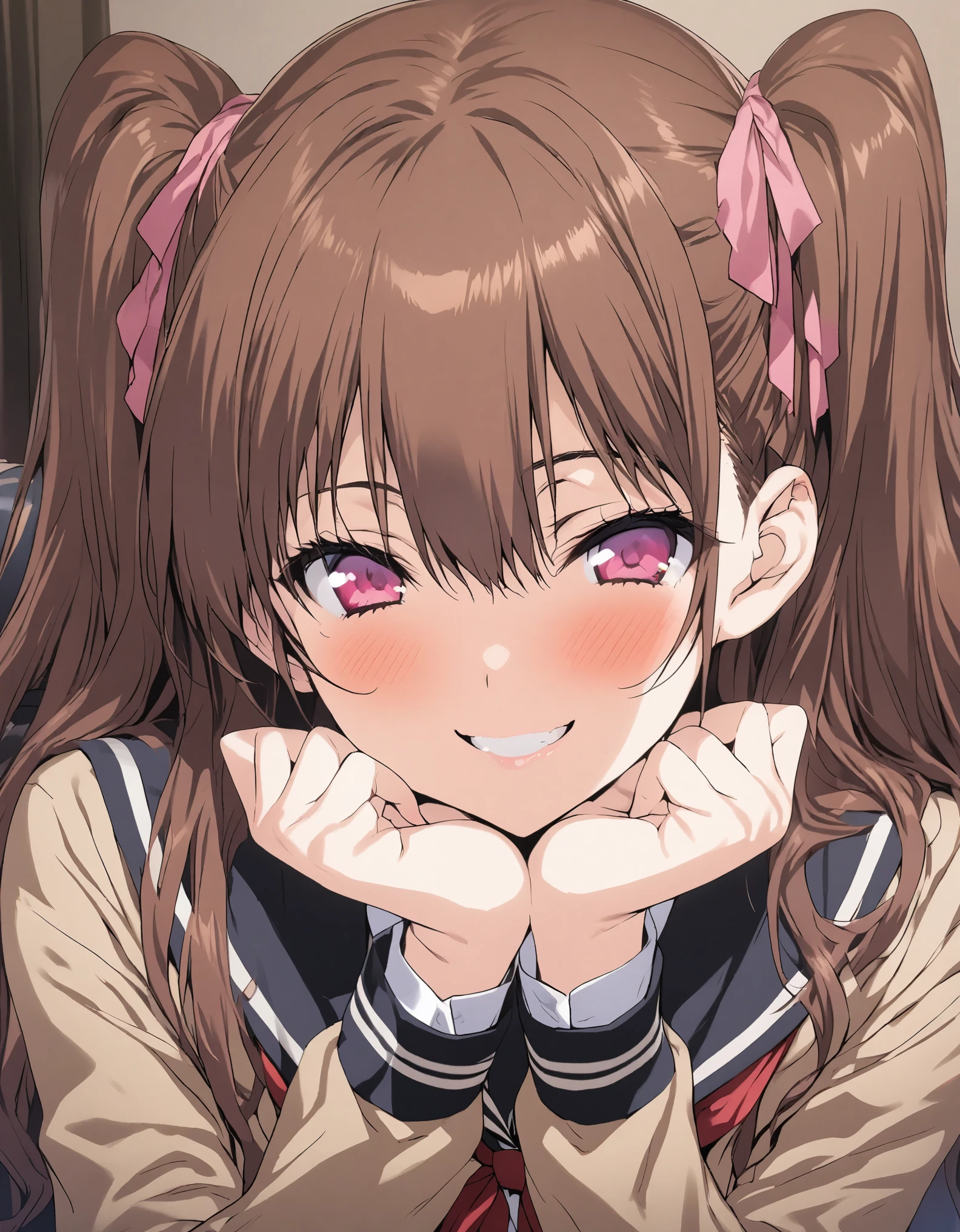 masterpiece, Mikari Tachibana, twin tails hair, brown hair, pink eyes, school uniform, Smile, Rest on her chin