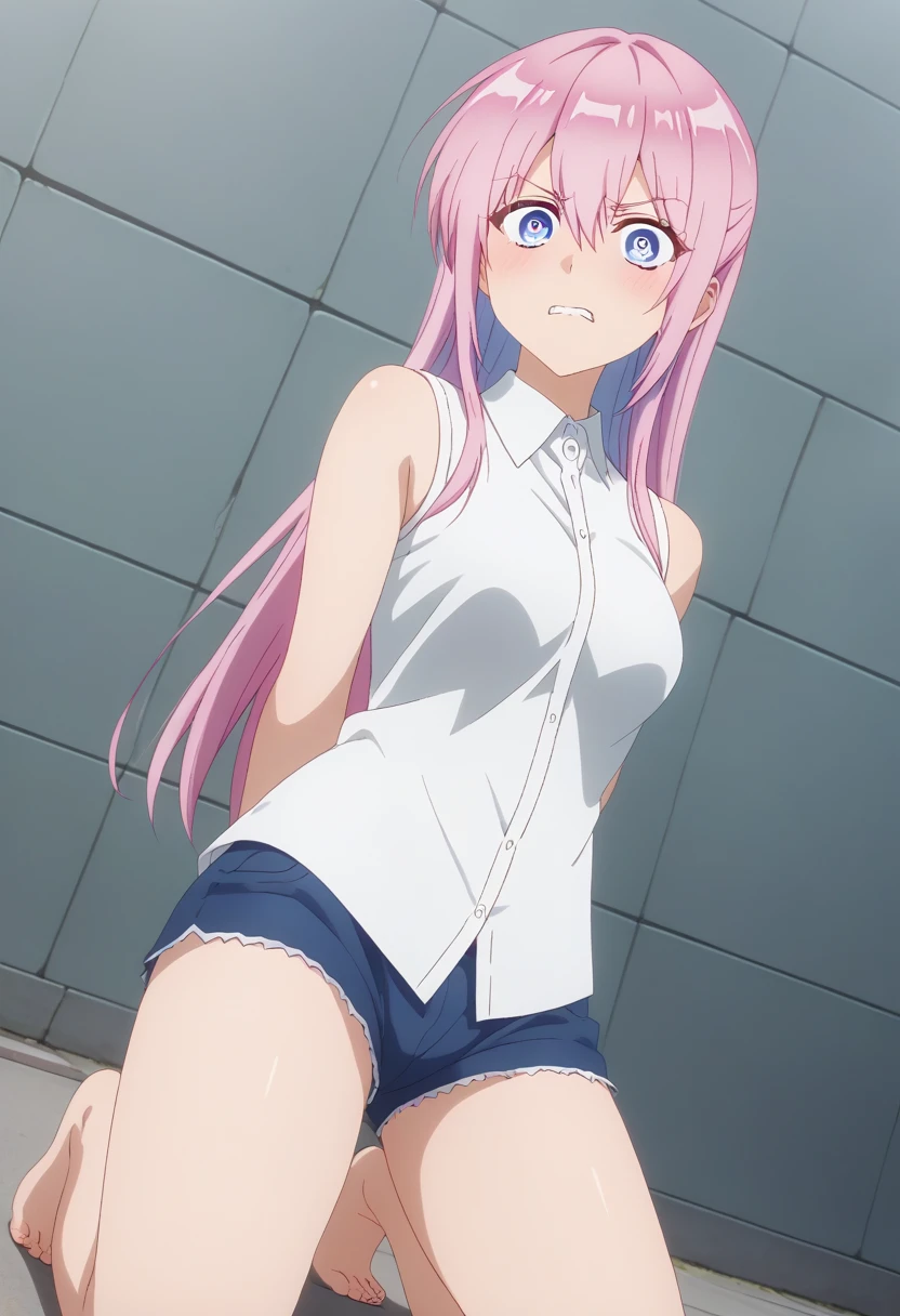 score_9, score_8_up, score_7_up, sauce_anime, ambient light,                                                                                                                                                                             
Kawaii Dake Janai Shikimori-san ,shikimori miyako, ,1girl , pink hair, long hair, blue eyes, hair between eyes, bangs, surprised eyes, wince, frown,                       
nsfw, (show off breast),, white dress shirt, sleeveless shirt,, hands behind backs, (undress shorts) , in panties,                                                                                                                                                                                                                   
outdoors,, school ,realistic school, (kneeling),                                                                                                                                              
cowboy shot,, looking at below, solo, dutch angle, blush,, , clenched teeth,,, medium breast,