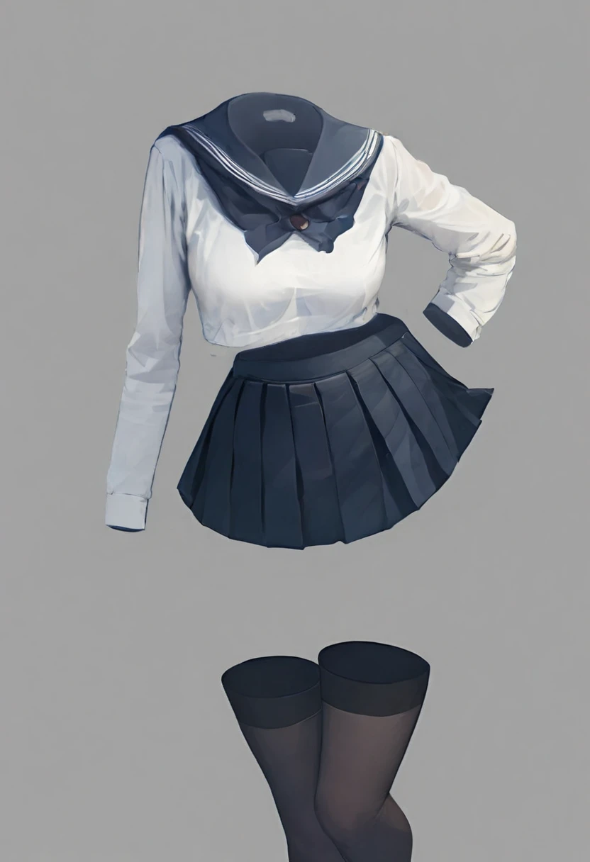 "An anime-style invisible girl wearing a classic Japanese sailor school uniform, with her presence subtly revealed by the way the uniform floats as if worn. The outfit—white blouse with a navy blue collar and pleated skirt—hints at her silhouette. Soft shadows outline where her body should be, and the environment around her reacts to her invisible form, such as slightly bending grass or a breeze lifting her skirt. Light subtly warps around her, creating faint distortions in the background."