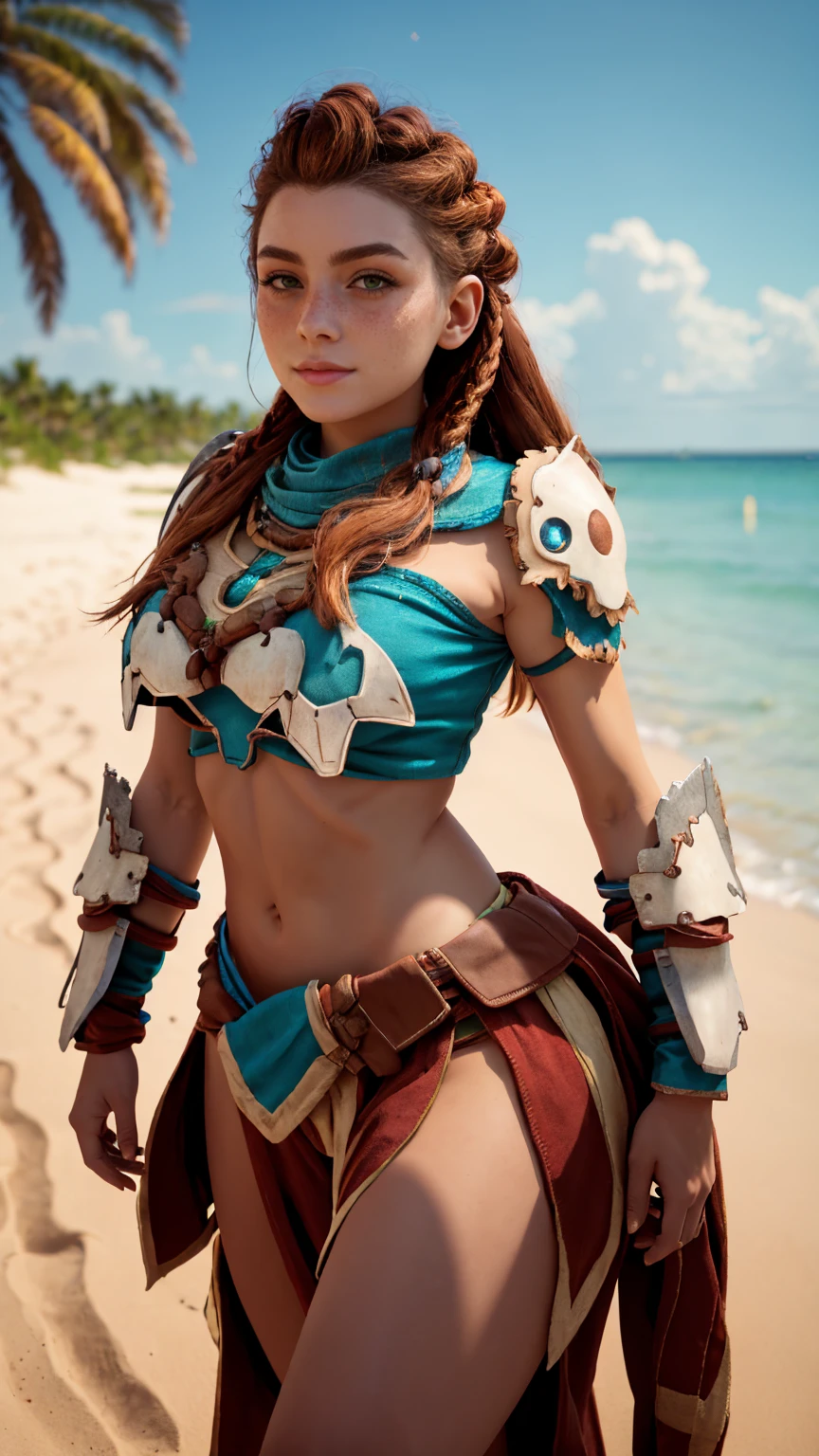 (full length portrait), (wide angle;1.27), AloyHorizon, solo, long hair, smile, brown hair, hair ornament, navel, female rock climber physique, green eyes, braid, outdoors, parted lips, sky, day, midriff, red hair, (hands behind head), bikini armor, armor, blue sky, thick eyebrows, shoulder armor, freckles, looking into camera, feet in white sand, bhands 