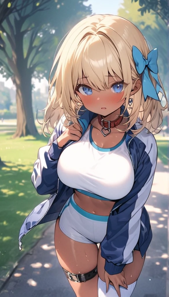 high resolution, semi blonde hair, Standing in a park, hair bow, with a tan with non-tan lines, blue eyes, pet collar, breasts, with a sports jacket, with a white crop top with blue lines, with white sports shorts with blue lines, with a leather garter on her thigh,  with long white socks.