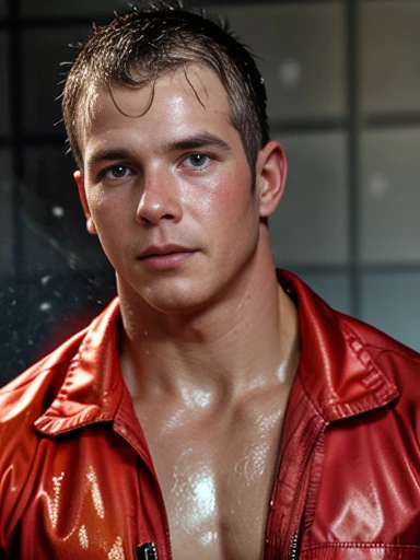 Photo of a male firefighter, wearing fire fighter helmet, wearing firefighter uniform with chest zipped open, muscular, shiny skin, oiled, oiled face, wet hair, detailed eyes, looking at viewer