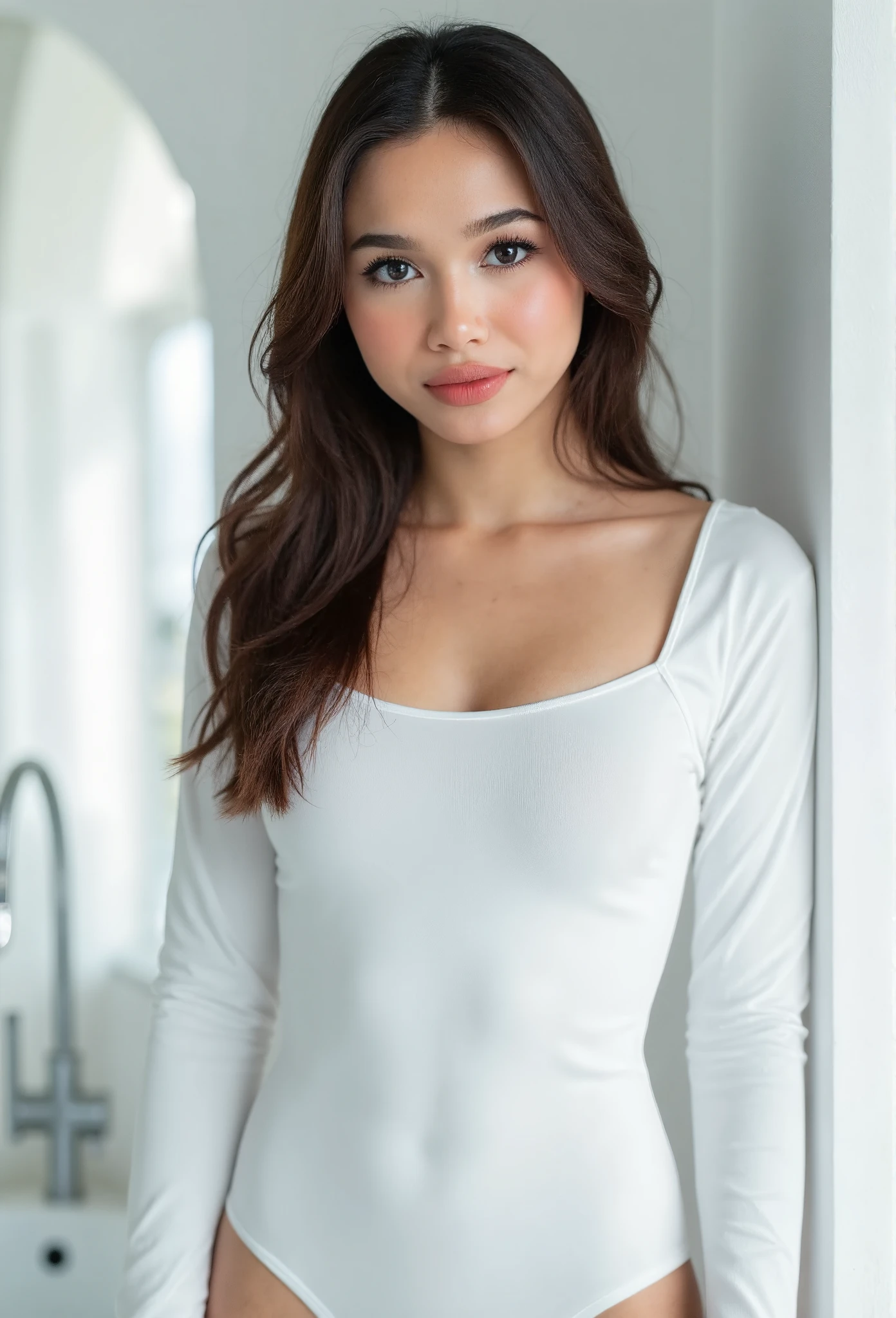 A portrait of a young woman, captured in a minimalist setting. She is wearing a (shiny:1.2), white, tight form-fitting bodysuit that accentuates her form. Her hair is styled in loose waves, cascading down her shoulders. The woman's gaze is direct and intense, with a neutral expression. The background is blurred, emphasizing the subject, and is predominantly white, which contrasts with the subject's attire. The overall style of the image is contemporary and minimalist, focusing on the subject and her attire.