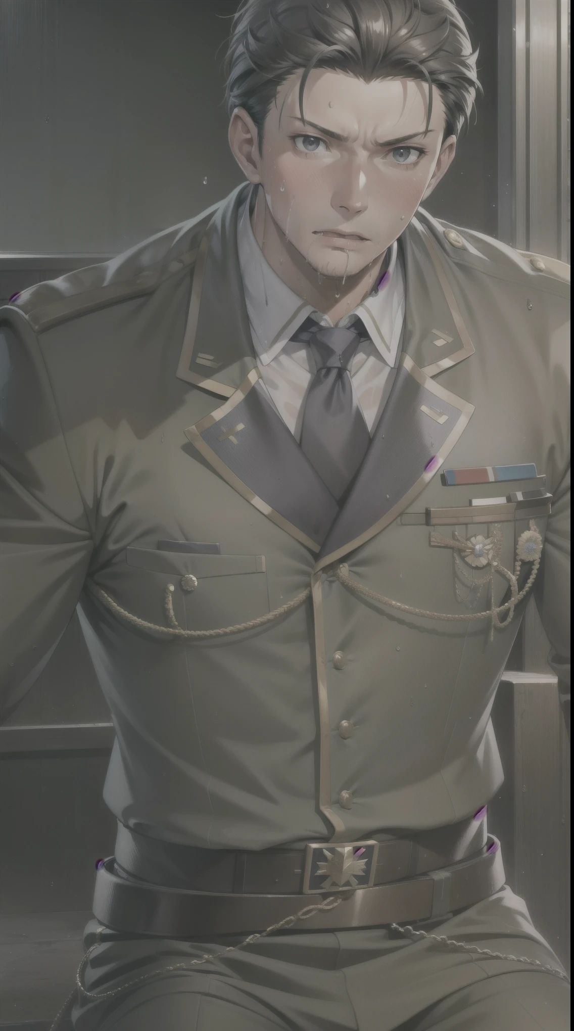 Hector Fay, Ultra high quality cg, Solitary, Looking at the audience, Open your mouth, Sweating, Wet, Drooling, Gloves, 1 man, Upper body, Male focus, tie，shirt， military uniform
