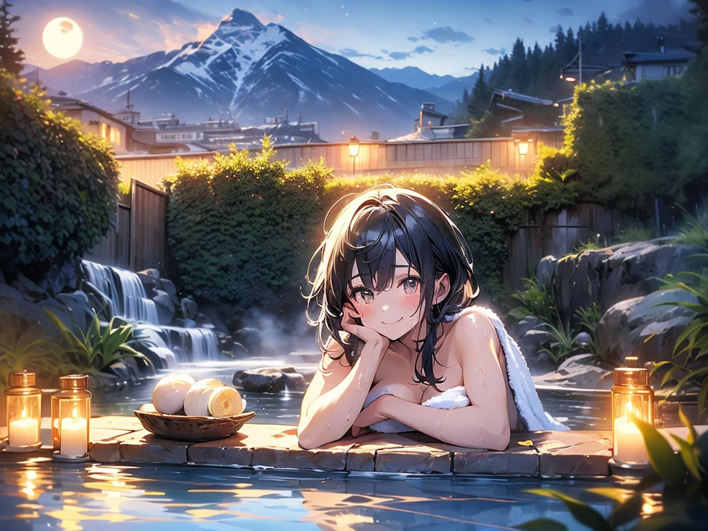 in 8K、top-quality、​masterpiece、ultra-detailliert、Ultra-high resolution、Anime style、outdoor bath、Rock bath、fullmoon、mountains on background、1 girl in、Wrap a bath towel around your body、Lying face down、A smile、(wetting hair)、(steam)