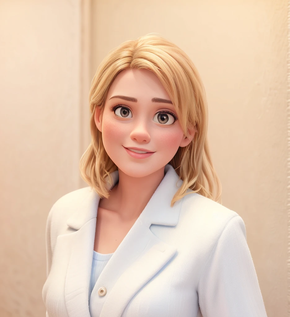 Smiling blonde woman sitting with hand on chin