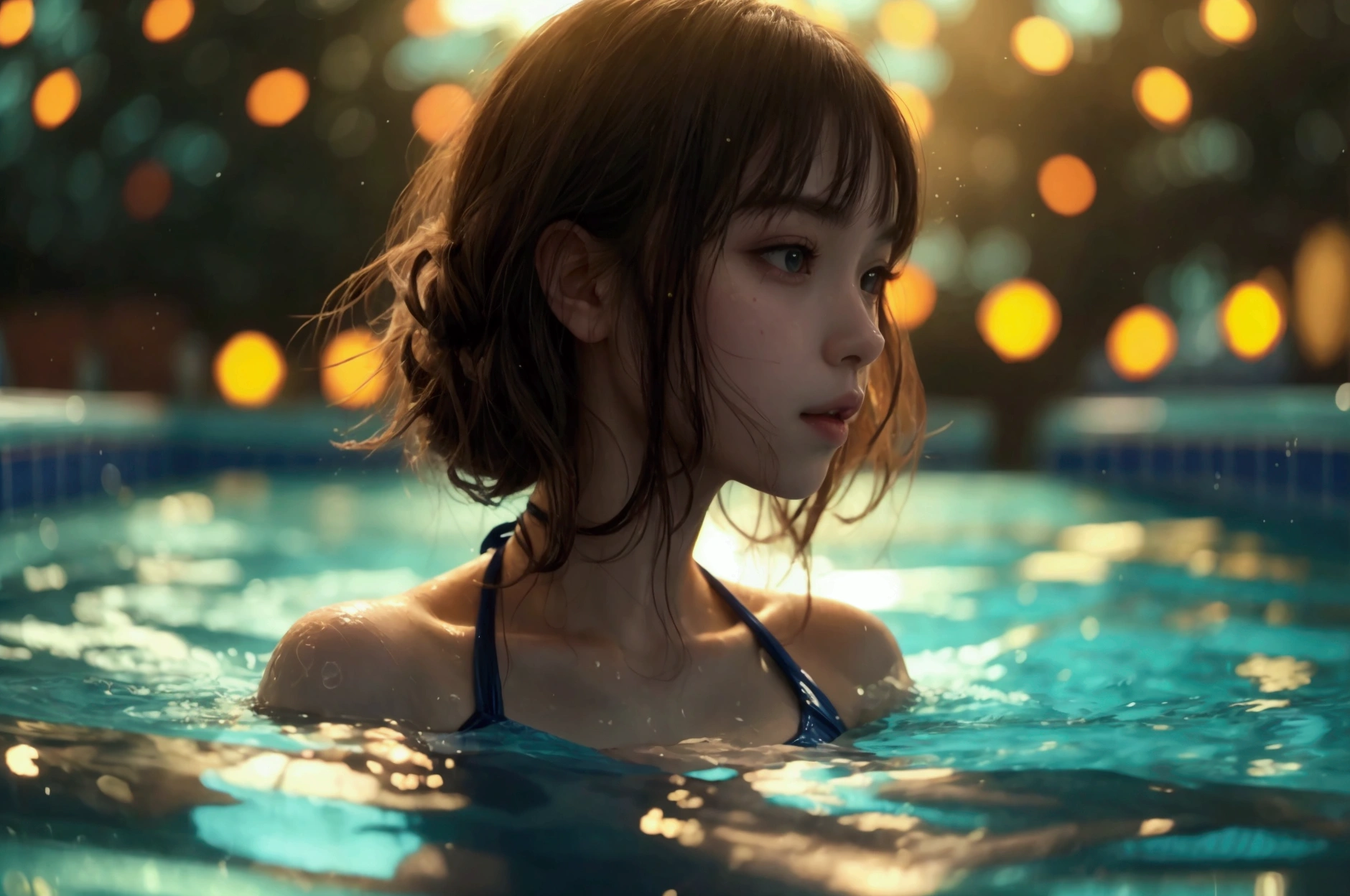 Best quality, masterpiece, ultra high res, (photorealistic:1.4), raw photo, 1girl, DARK hair, shiny skin, WET BODY, dramatic lighting, full body, bitch, micro bikini, huge breasts