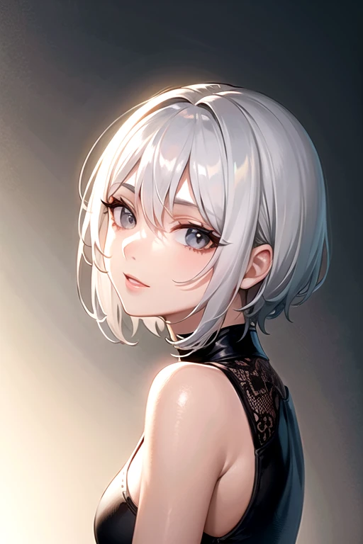 ((Best Quality, 8K, Masterpiece: 1.3)), 1girl, Beauty: 1.3, (Hairstyle Casual ,short white hair, : 1.2), black outfit: 1.1, Super Fine Face, Delicate red Eye color, green earings shaped like a cross