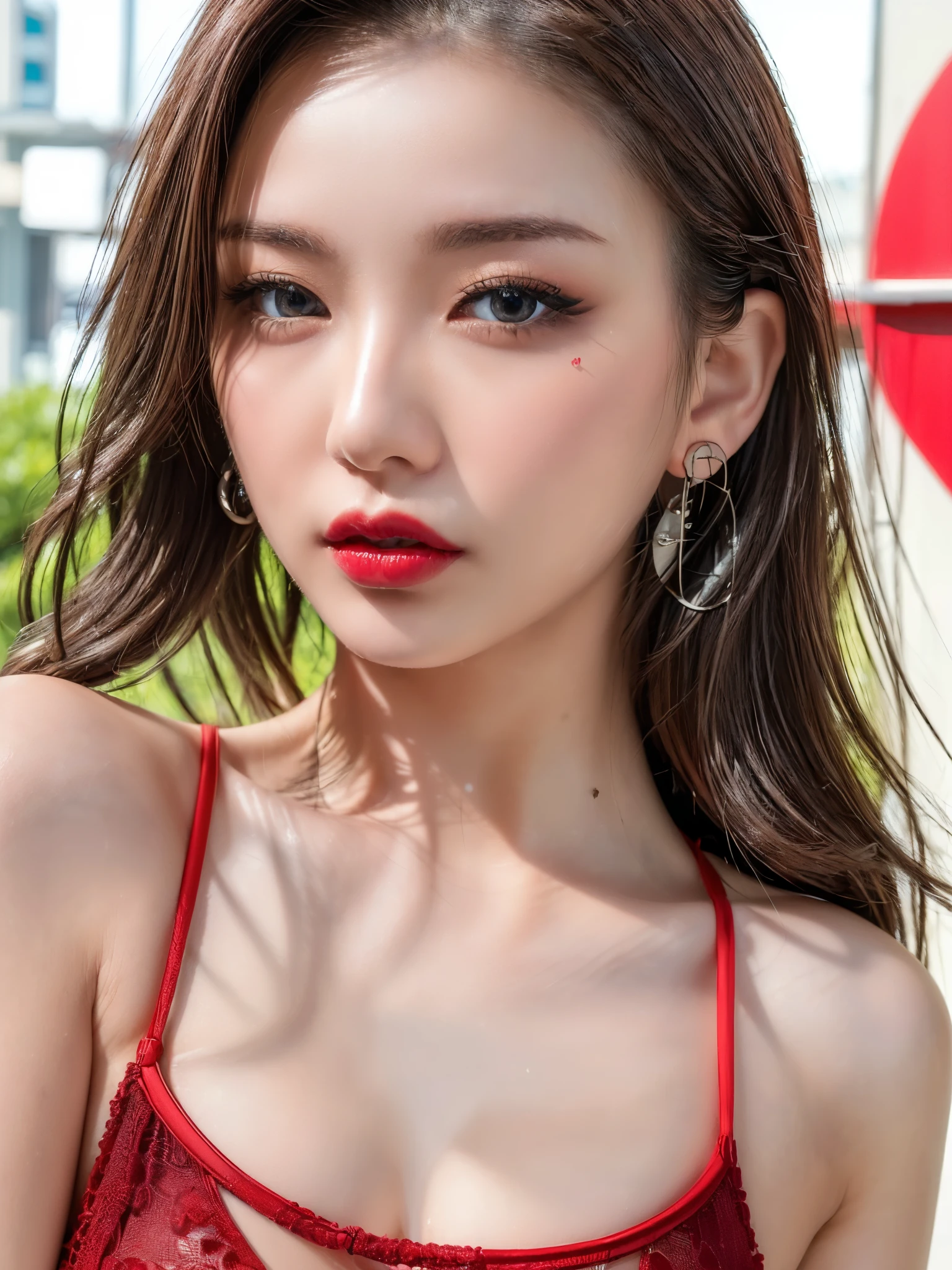 (UHigh resolution, retina, masterpiece, Accurate, Anatomically correct, Textured skin, Super Detail, Attention to detail, high quality, 最high quality, High resolution, 1080P, High resolution, 4K, 8k, 16k), (美しいAttention to detail目, Beautiful lip detail, Highly detailed eyes and face), Soft lighting, Physically Based Rendering, Vibrant colors,(((最high quality,masterpiece, 高精細CG8kイラスト, Graffiti art, Center Configuration, wall, Highly detailed face and eyes,masterpiece, 最high quality, Alone, One girl, Glowing Skin, Earrings,Bright lighting, Bright red lips,Splendid, Whimsical details,  Fascinating,Dior micro bikini, Shallow depth of field, Contrasting, Professional Model,Detailed eyes,Symmetrical eyes))), (Glowing Skin), (Urzan-6500:0.33)、Outdoor、(((whole body,Glossy thighs))),Mature Woman,Going out