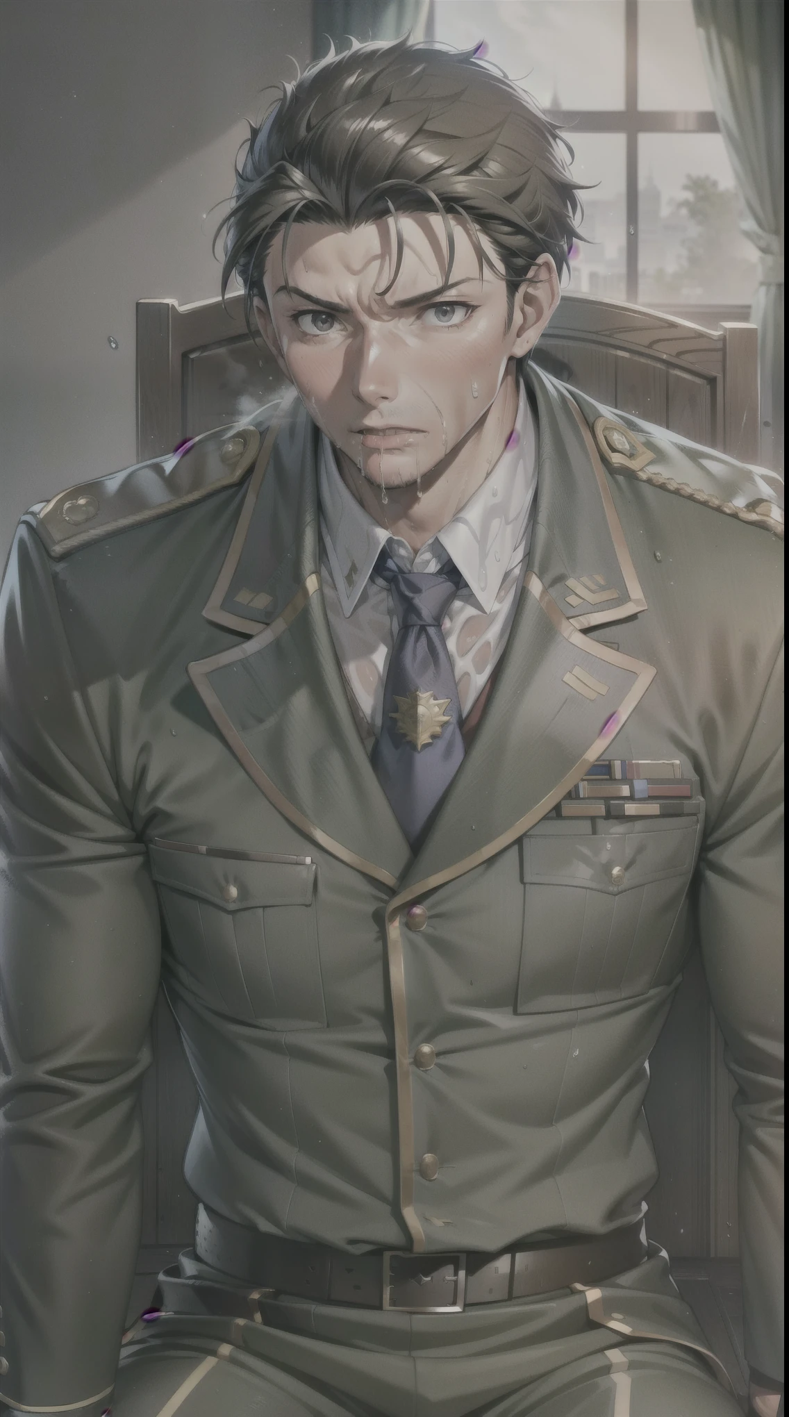 Hector Fay, Ultra high quality cg, Solitary, Looking at the audience, Open your mouth, Sweating, Wet, Drooling, Gloves, 1 man, Upper body, Male focus, tie，shirt， military uniform
