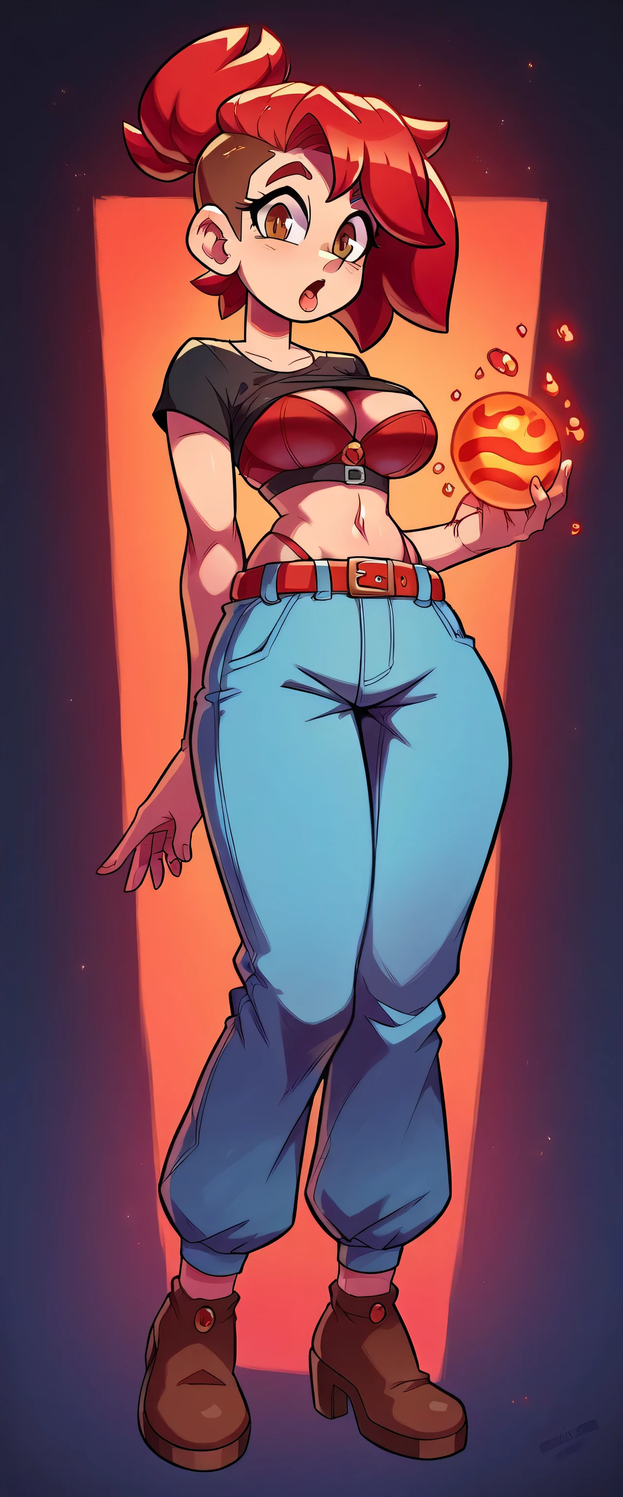 A tall average beautiful girl with beautiful attractive sexy big breasts loose red hair disheveled her brown eye wears a black top tied knot shows a red bra underneath shows her belly button and a metallic blue pants red belt brown heels she has power energy lava ball energy magnesium