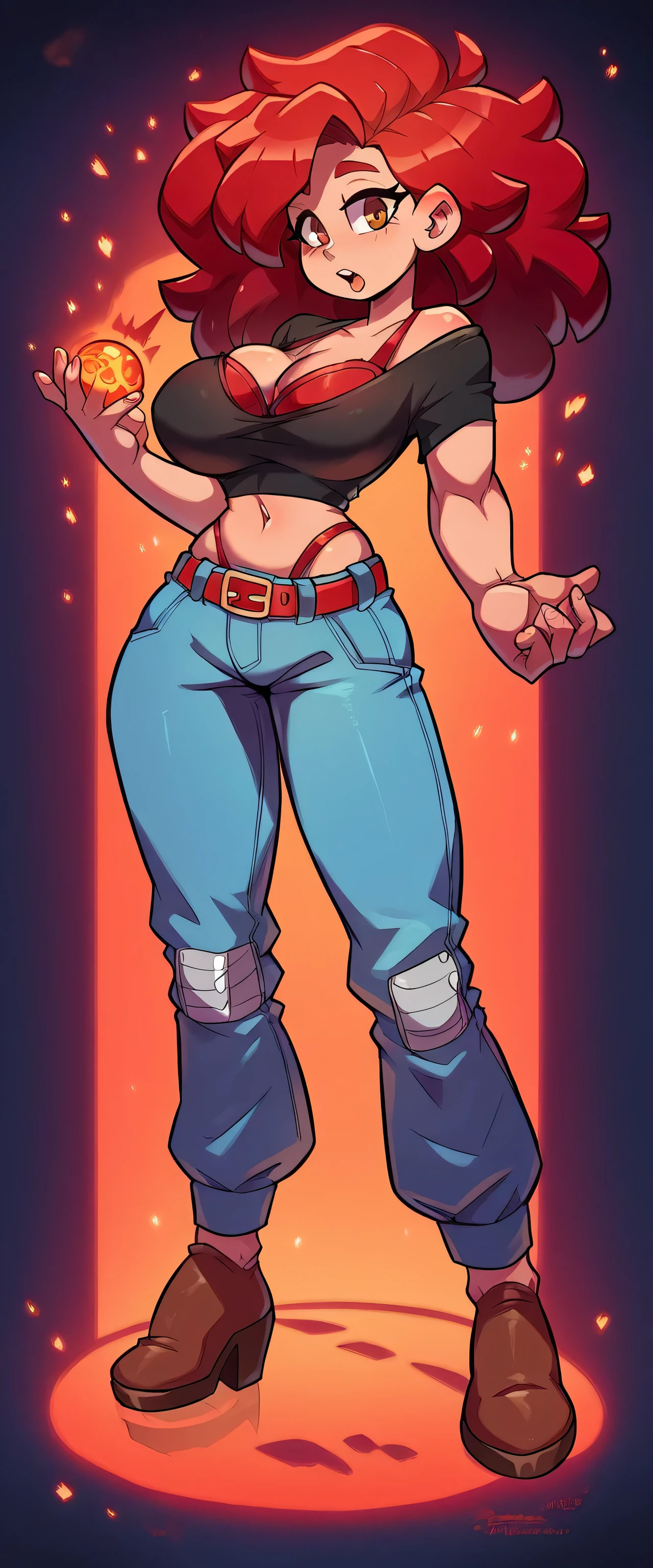 A tall average beautiful girl with beautiful attractive sexy big breasts loose red hair disheveled her brown eye wears a black top tied knot shows a red bra underneath shows her belly button and a metallic blue pants red belt brown heels she has power energy lava ball energy magnesium