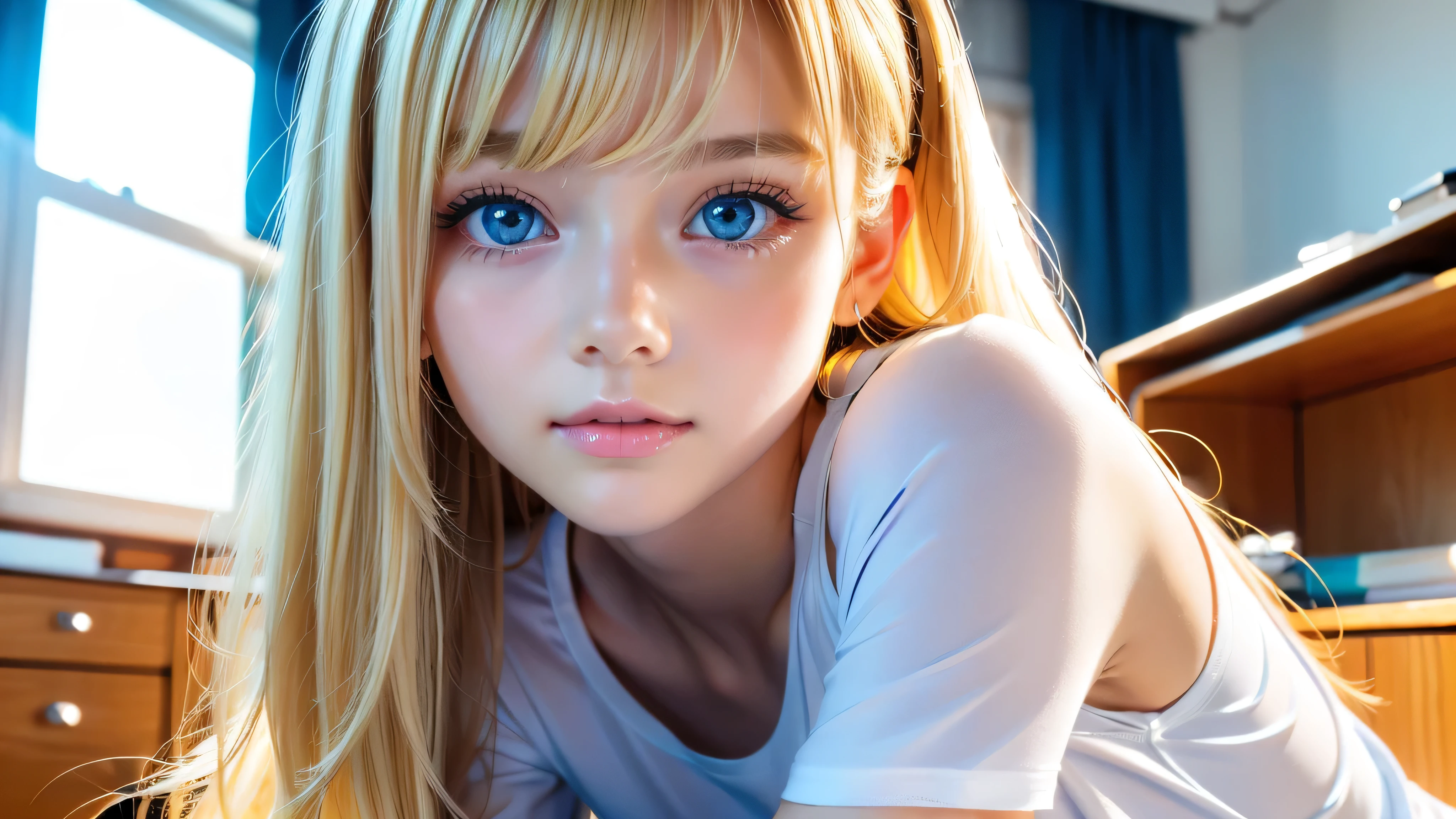 A very white and beautiful 20-year-old blonde girl、Mastepiece, Best Quality, Illustration, Ultra-detailed fine details, Natural platinum blonde with a natural shine、Super long straight silky hair、Super long Rapunzel hair、disheveled bangs above the eyes,、Bangs that cover the face、High resolution, 8K Denden Wallpaper, Perfect dynamic composition, Beautifully detailed large light blue eyes , Very big eyes、of hotel(Bed)、Small Face Beauty、Round face、On all fours