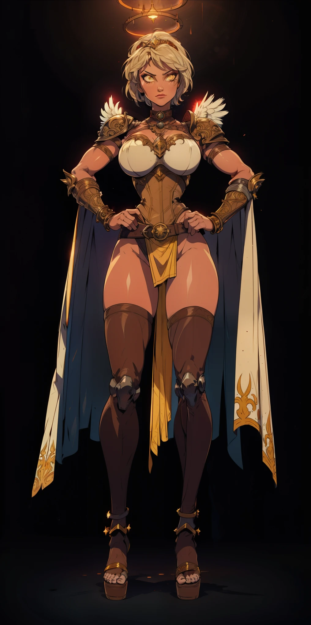 (Black background) paladin lady in ornate golden armor, black collar, pauldrons, breastplate, leather corset, glowing halo, short bob hair style, yellow glowing eyes, bright pupils, eye focus, red cape (full body, whole body, 1solo girl) fighter, loincloth standing, hands on hips, metal sandals, leather choker, big belt, view from below, feet together, bracers, tiara, feathers angel wings