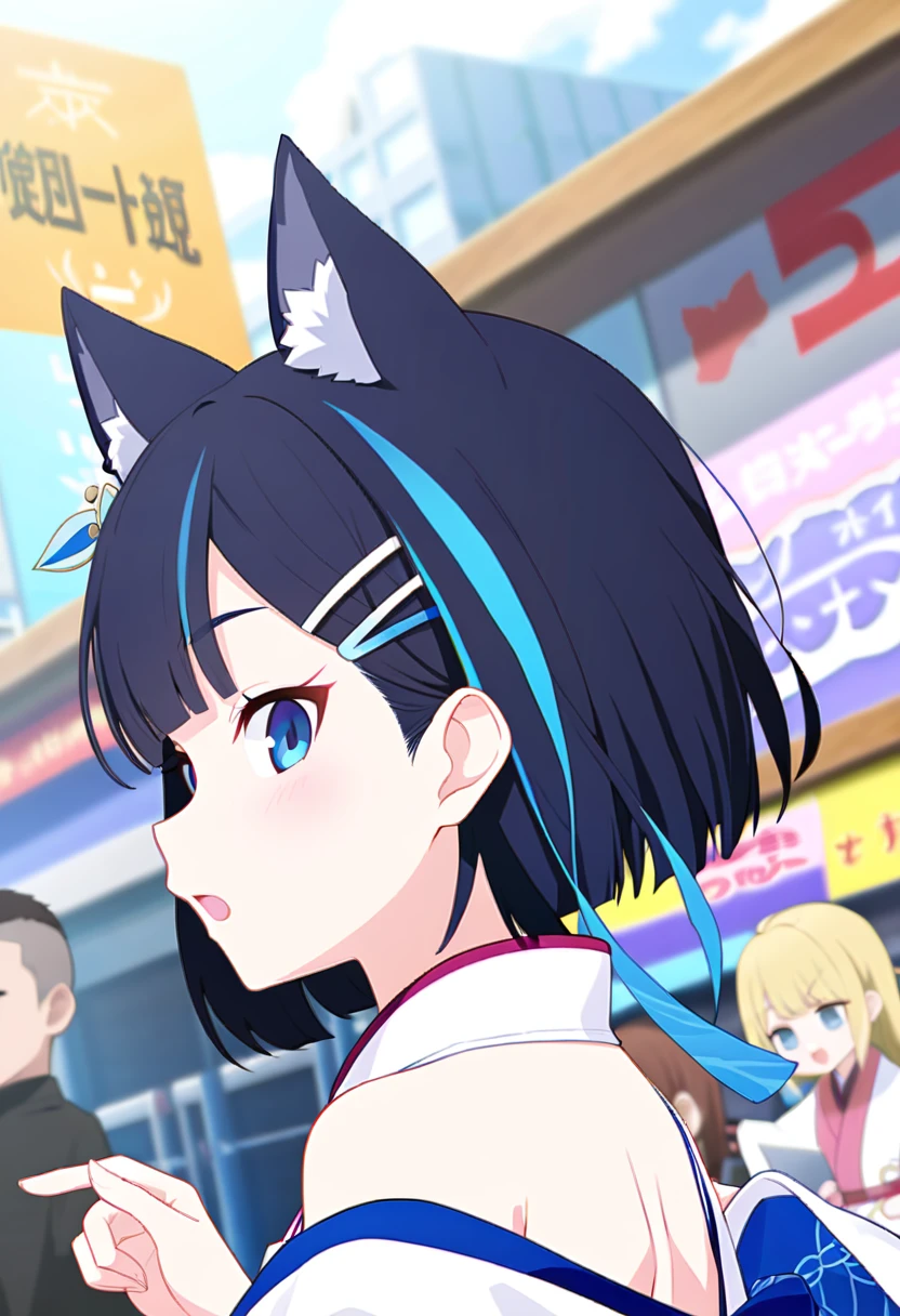 animated, three-dimensional, fisheye, Show from the hips to the shoulders, profile, focus on eyes, looking back, chibi, beautiful detailed girl, teenage girl, A man with has short black hair, azure hair, streaked hair, hair fluttering in the wind, antenna hair, anime face, light blush, blue dragon eyes, cat ears, small Breasts, heterochromic, kimono, asa no ha pattern print cloth, white Clothes,