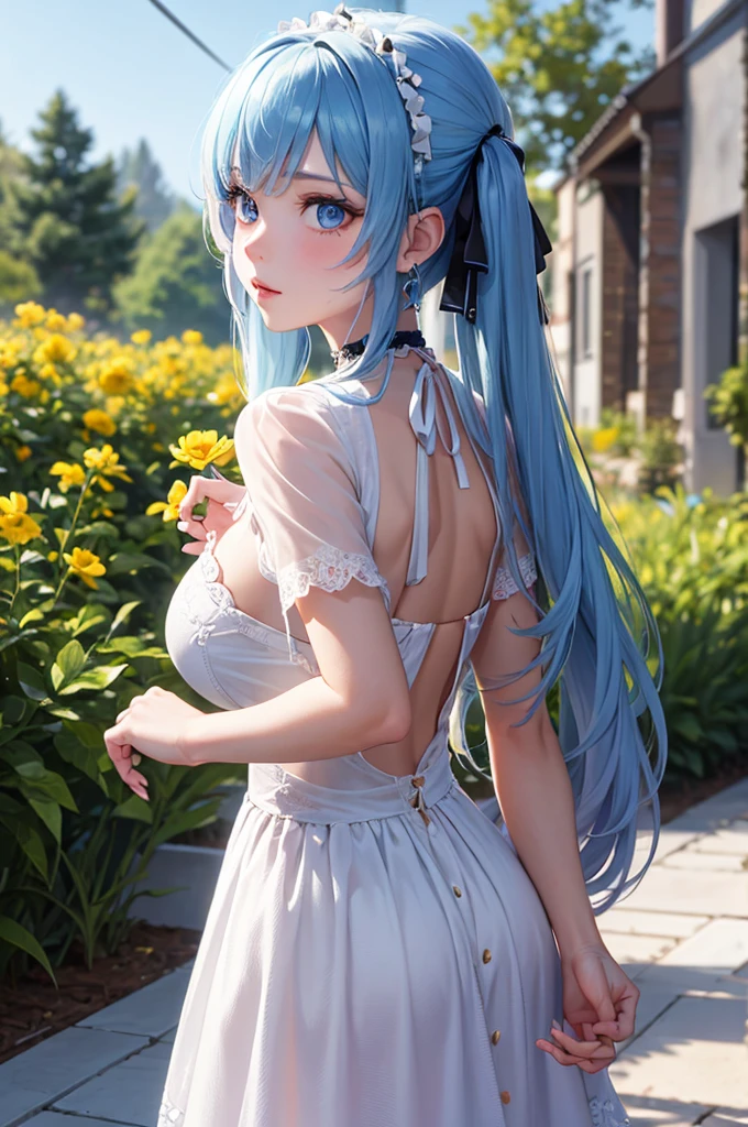 Rear view、photo taken from below、break、(((white underwear)))、break、beautiful girl monk、((light blue long hair))、The background is a fountain