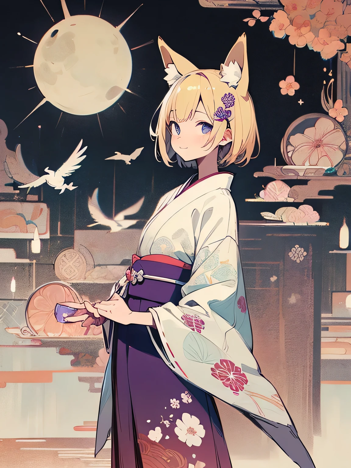 sideview,dutch angle,(looking at viewer),solo,(bluntbangs:1.2),cute face,blonde short hair,fox ear,(black purple color japanese flower design kimono),(model pose),dainty,elegant,flowers,birds,wind and moon,(kaleidoscope),(manga style),(sketch),(illustration),