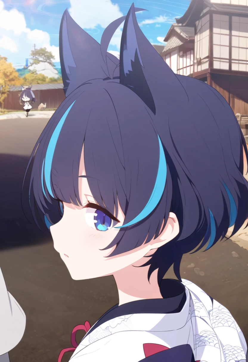 animated, three-dimensional, fisheye, Show from the hips to the shoulders, profile, focus on eyes, looking back, chibi, beautiful detailed girl, teenage girl, A man with has short black hair, azure hair, streaked hair, hair fluttering in the wind, antenna hair, anime face, light blush, blue dragon eyes, cat ears, small Breasts, heterochromic, kimono, asa no ha pattern print cloth, white Clothes,