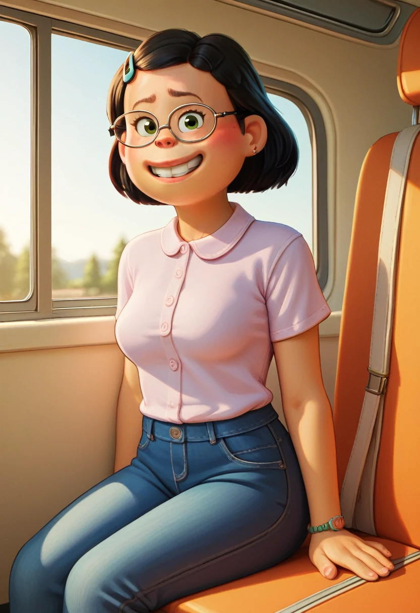 Mei Lee,

black hair, glasses, smiling, 

score_9, score 8, score 7, score 6,

1 girl, medium breasts, 

looking at the viewer, sitting on the bus,