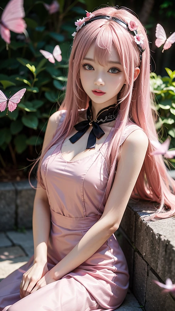 8k resolution, high resolution, single, girl, fair skin, big eyes, long eyelashes, sweet silkworm, deep eyes, lipstick, smile, ((pink hair)), messy hair, hair details, face details, ((white slip shirt)), ((black dress)), summer sun, nature, cute little animals, cute girl, silly cute, girly, white tights