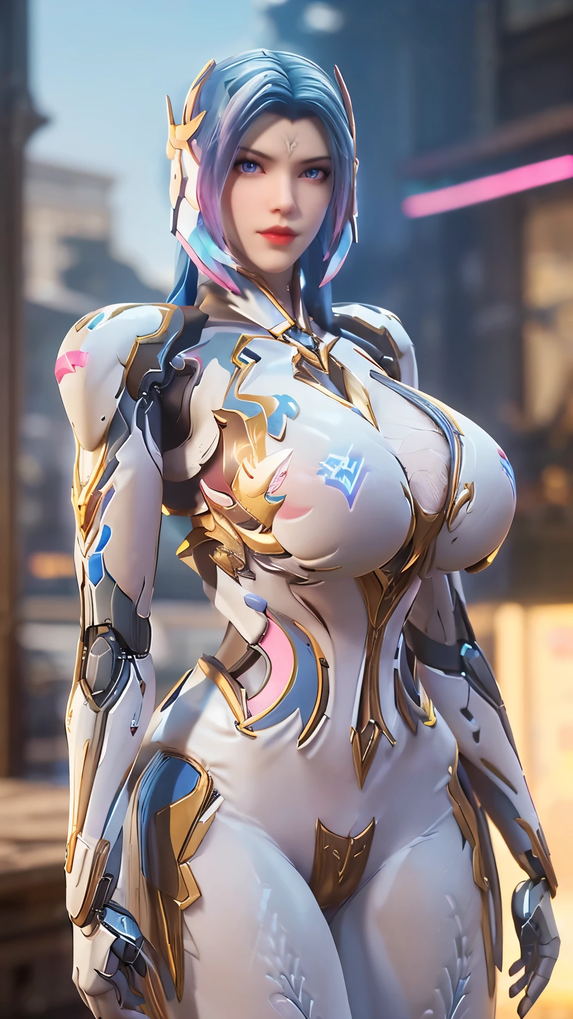 A beauty girl with (blue pink multiple color long hair:1.5), mecha_musume, 1 robot knight, 1GIRL, (CLOSE UP UPPER BODY:1), (COWBOY SHOT:1.5), (GOLD DRAGON HEAD ACCESORIES:1.3), ((HUGE FAKE BREASTS:1.6)), (11 line ABS:1.3), ((MECHA GUARD (RGB) ARMS,NEON LINE (LED) BODY:1.2)), (SHINY STELLAR STAR MECHA BODY ARMOR OVERWATCH, SKINTIGHT NEON MECHA ARMOR ROBOTIC SUIT:1.5), ((HOURGLASS BODY SHAPE,GLOWING PALE SKIN:1.3)), (LOOKING AT VIEWER:1.3), (HALLWAY OF FUTURISTIC SPACE STATION:1), (BRIGHT LIGHT WHITE_ROOM:1.3), HYPER TEXTURE, UNREAL ENGINE RENDER, PHYSICALLY-BASED RENDERING, ULTRA HIGHT DEFINITION, 16K, DSLR, 1080P.