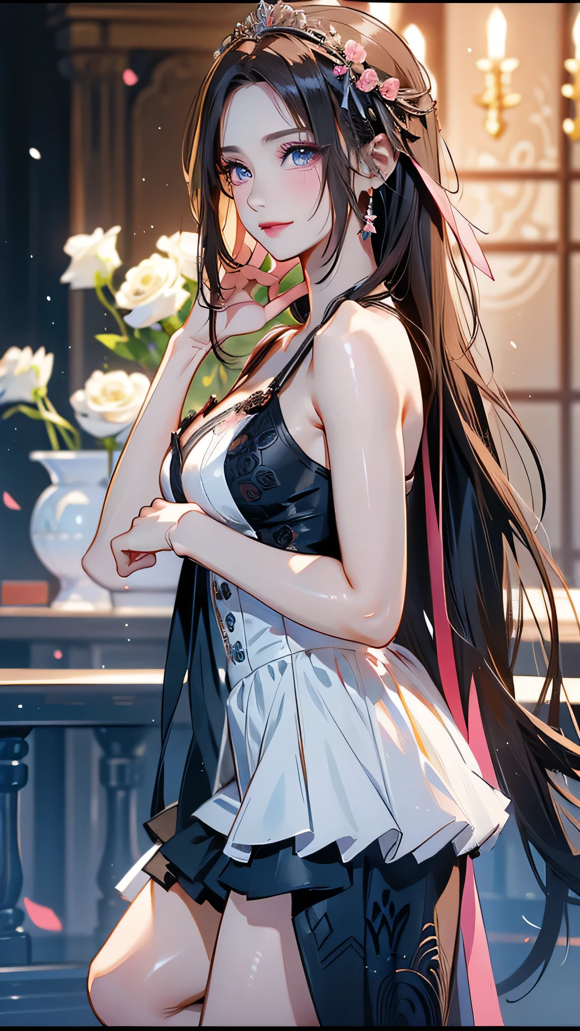 masterpiece,1girl,solo,((in_tree)),black_hair,long_hair,black_dress,collarbone,mole_under_eyes,light_smile,school_uniform,white_legwear,medium_breasts,off_shoulder,falling_leaf.flower,hair_ornament,red eyes