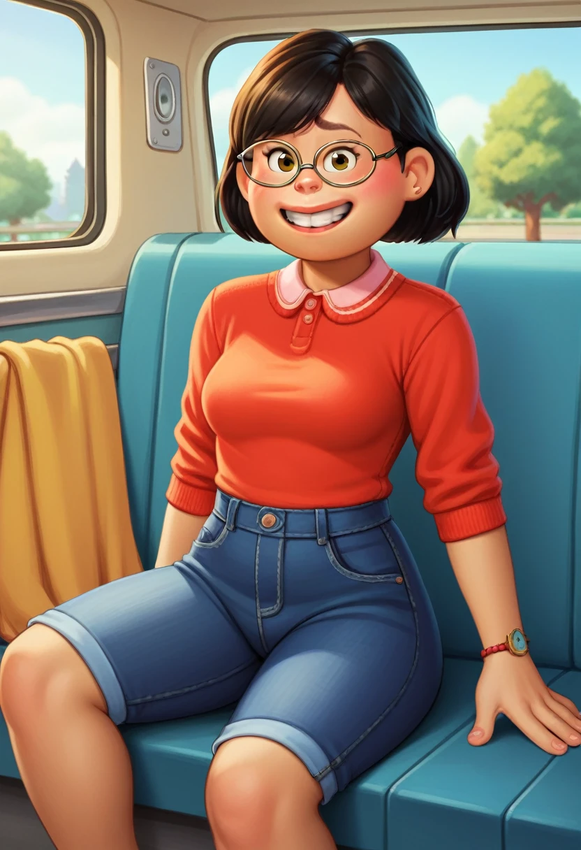 Mei Lee,

 , black hair, glasses, smiling, 

score_9, score 8, score 7, score 6,

1 girl, medium breasts, 

looking at the viewer, sitting on the bus,