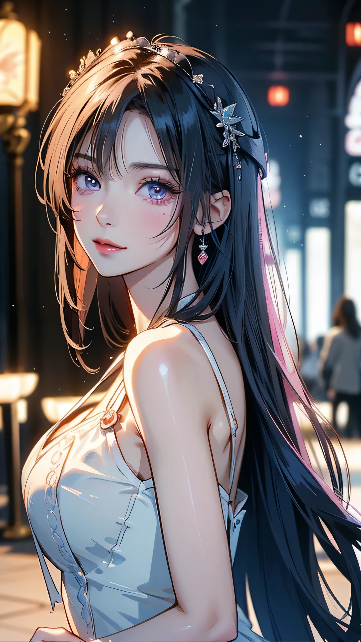 masterpiece、highest quality、High resolution、high quality images、8K, 1 female、skin luster、Texture of skin and clothing、Expression of fine eyes、Shiny latte colored hair,long hair girl, Manga inspired by Lee Jong-suk, trending on deviantart, realism, detailed manga style, manga art style, perfect line drawing, beautiful line drawing, digital manga art girl, K-POPアイドル, dress, beautiful pink eyes, plump lips, detailed gorgeous face, (cute smile), charm, innocent, Side view, (perfectly detailed face), (fine hands) photorealistic images, Depth of written boundary, half up hairstyle, tiara, 白いウエディングdress,at the wedding,association, evening,lots of roses,