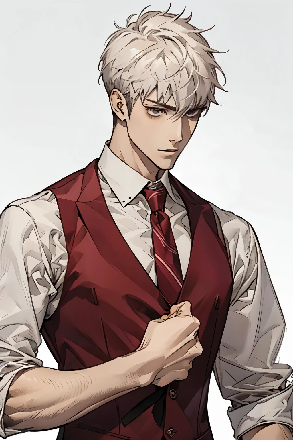 Very Short Hair、male、Handsome、good looking、（White background）、Wearing a vest over a shirt、Akihiko Sanada、tie