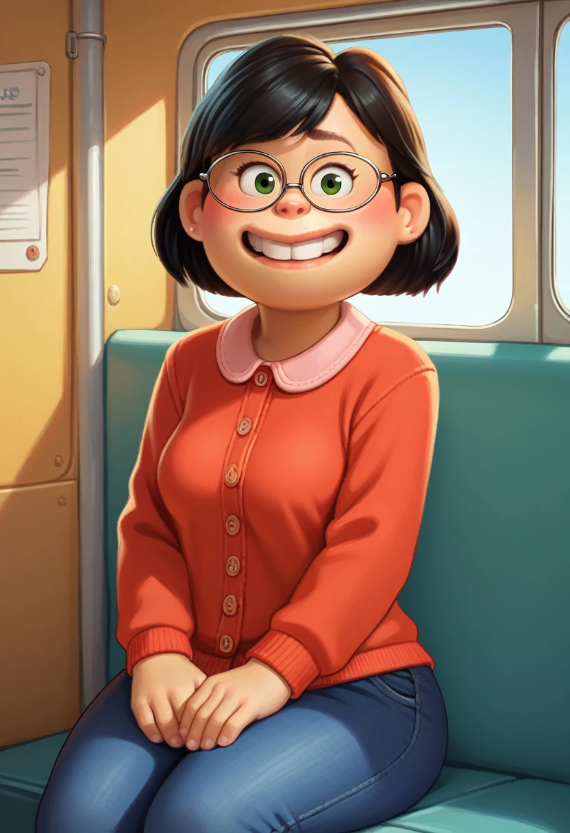 Mei Lee,

(((  ))) , black hair, glasses, smiling, 

score_9, score 8, score 7, score 6,

1 girl, medium breasts, 

looking at the viewer, sitting on the bus,