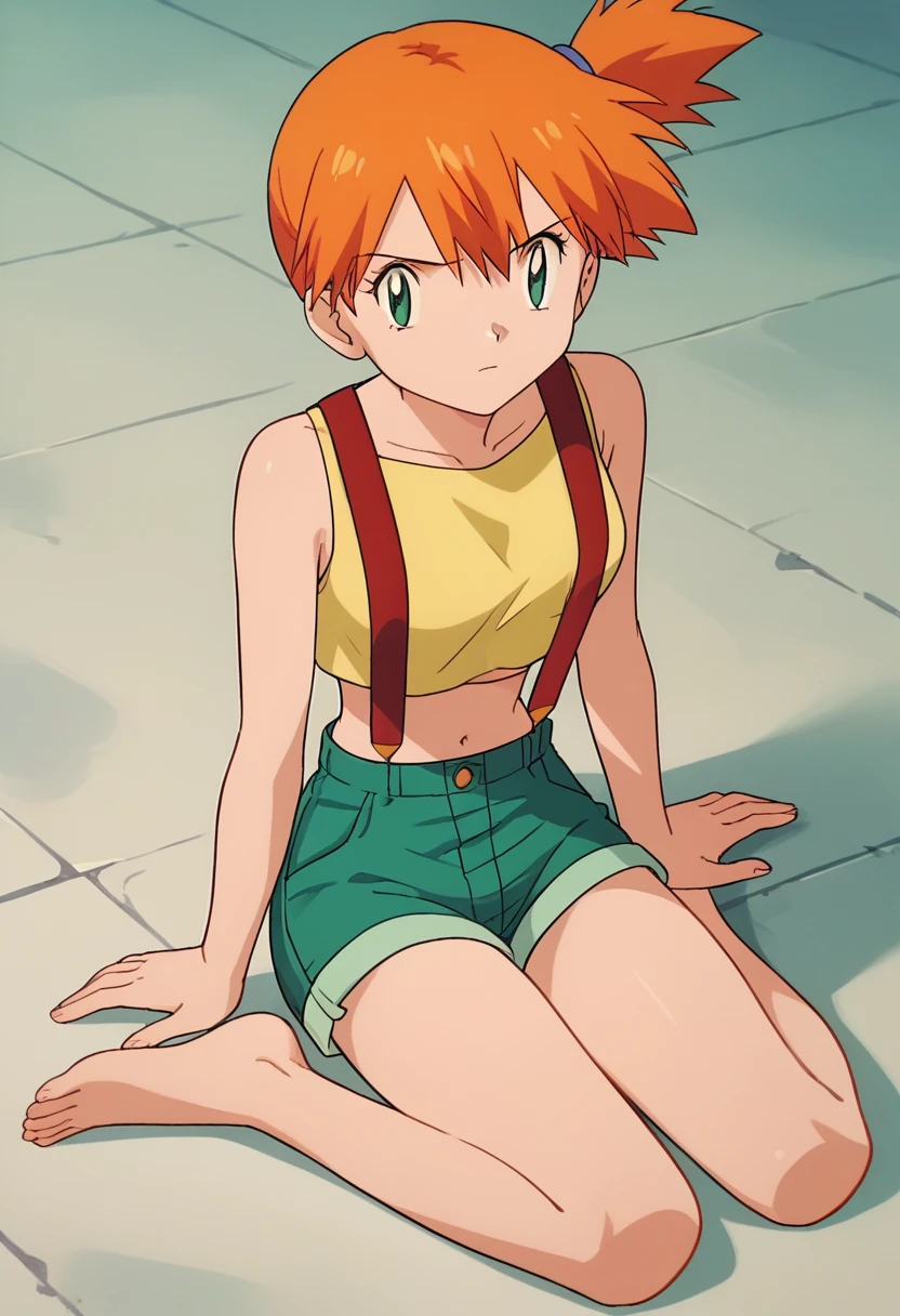 misty, 1girl, breasts, looking_at_viewer, short_hair, closed_mouth, bangs, navel, hair_between_eyes, bare_shoulders, sitting, green_eyes, full_body, lying, sleeveless, midriff, orange_hair, side_ponytail, crop_top, looking_to_the_side, eyelashes, bare_legs, sleeveless_shirt, leaning_forward, arm_support, suspenders, tank_top, denim_shorts, yellow_shirt, hair_tie, green_shorts, suspender_shorts, yellow_tank_top, full body