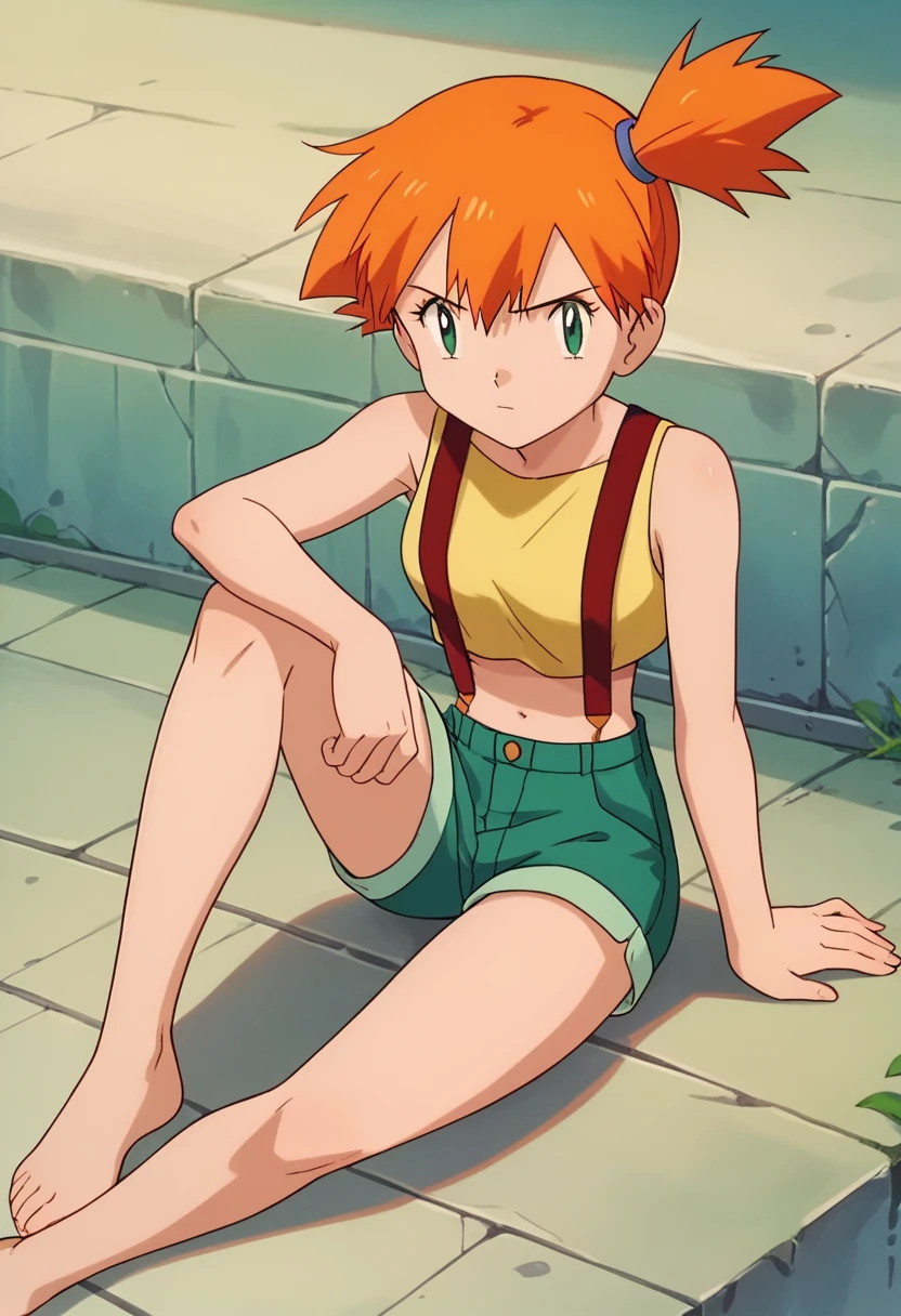 misty, 1girl, breasts, looking_at_viewer, short_hair, closed_mouth, bangs, navel, hair_between_eyes, bare_shoulders, sitting, green_eyes, full_body, lying, sleeveless, midriff, orange_hair, side_ponytail, crop_top, looking_to_the_side, eyelashes, bare_legs, sleeveless_shirt, leaning_forward, arm_support, suspenders, tank_top, denim_shorts, yellow_shirt, hair_tie, green_shorts, suspender_shorts, yellow_tank_top, full body