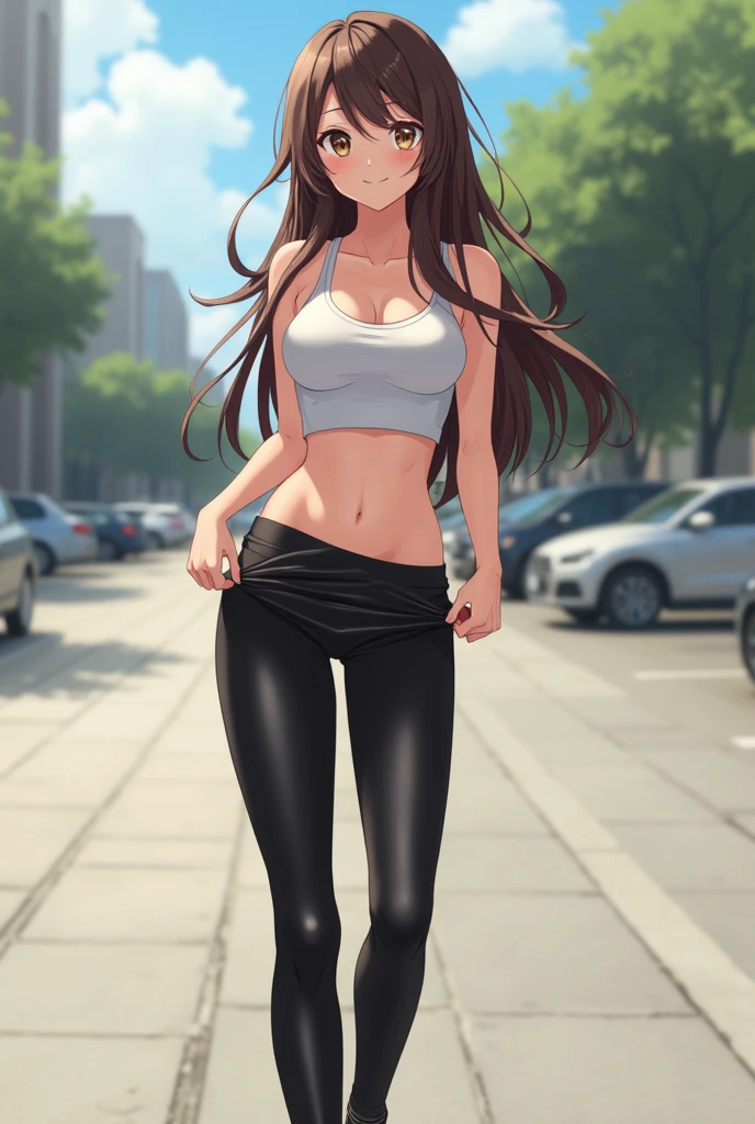 1 girl, alone, chizuru mizuhara, (masterpiece, best quality), ultra detailed, sharp focus, detailed background, detailed eyes, dynamic pose, cowboy shot, curvy body, perfect fingers, looking at viewer, brown hair, long hair , bangs, one side up, braid, brown eyes, (( too pink sporty, tight top, neckline, bare shoulders, bare waist, navel, black sports pants, tight pants, pink tennis shoes)), big breasts, narrow waist, wide hips, medium thighs, round butt,((solo)),((standing,outdoors,cityscape, park, trees, trail,sunny,clouds, adjusting hair, wind, hair in the wind)), looking forward,((focus on breasts)), pov:(from middle), perfect anatomy, perfect hands