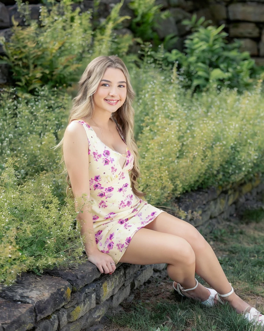 Full body camera shot. 16 year old blonde girl, cute, sweet look, smile, happy, slim body, She is wearing blue loose fitting, revealing t-shirt, falling off shoulders and sandals. She is sitting outside on grass in open garden. Wild flowers. Realistic lighting. 8K resolution. Flawless skin.