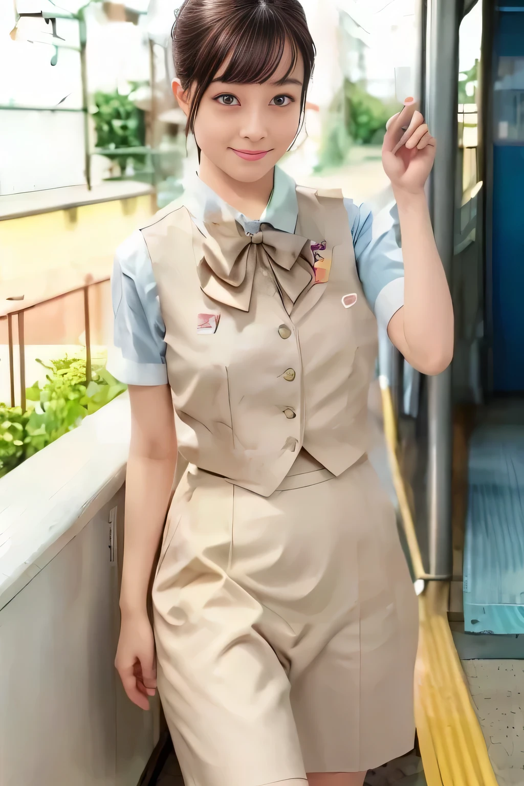 (masterpiece:1.2, Best Quality:1.2), 32K HDR, High resolution, (Alone、1 girl)、（On the roof of a building during the day、Professional Lighting）、Building rooftop background、（Real style of JR Woman wearing train crew uniform beige）、（（JR Female Train Crew Uniform Beige Light Blue Blouse Short Sleeve 、 Knee-length culottes skirt、Beige vest、scarf））、Dark brown hair、（Long Hair、Hair tied up、Hair tied up）、Dark brown hair、Long Shot、Big Breasts、Thin legs、（（Great hands：2.0）），（（Harmonious body proportions：1.5）），（（Normal limbs：2.0）），（（Normal finger：2.0）），（（Delicate eyes：2.0）），（（Normal eyes：2.0））)、smile、（JR Woman Train crew uniform beigeのKnee-length culottes skirtを見せた美しい立ち姿）、Hands down