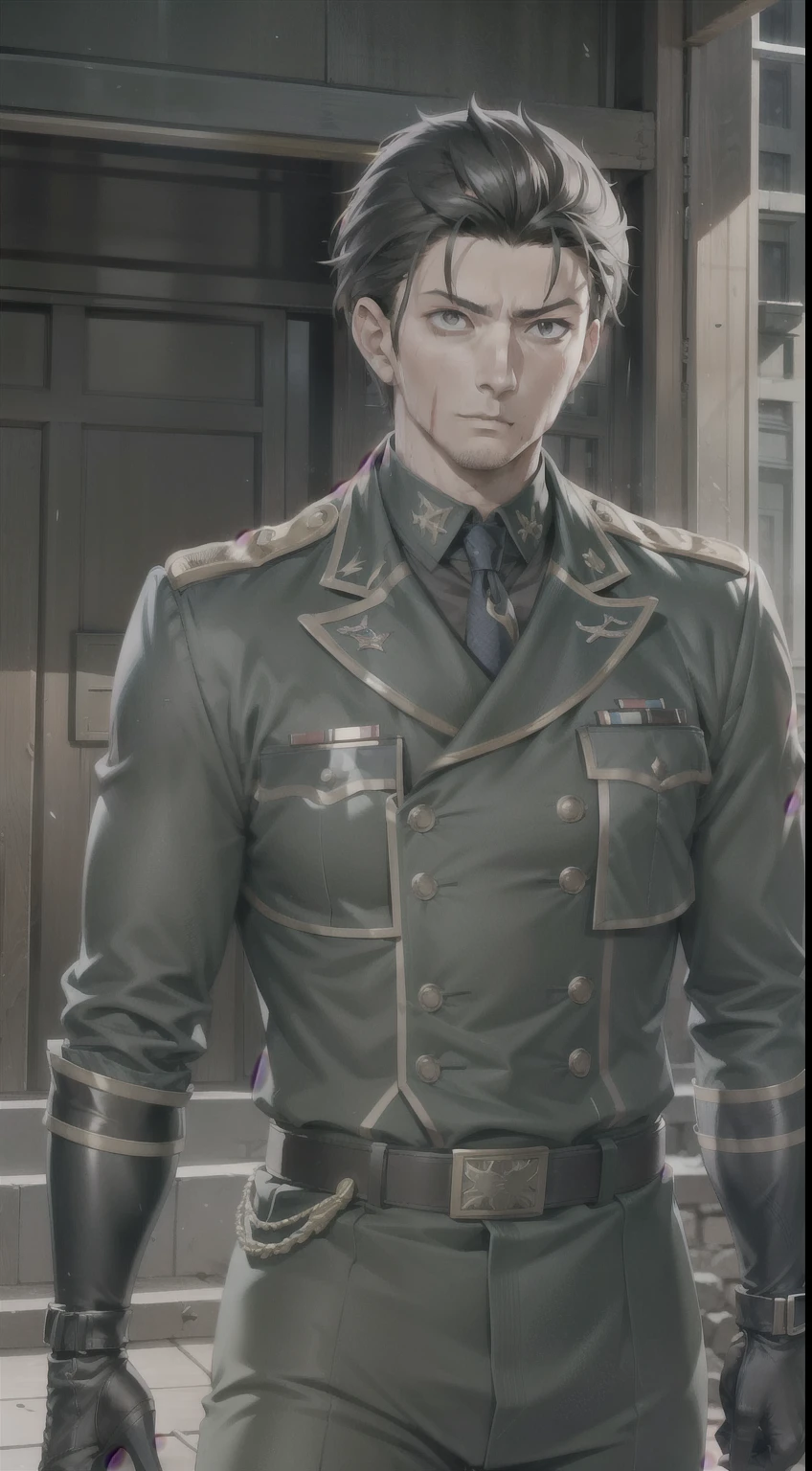 Hector Fay, Ultra high quality cg, The Second Dimension，Anime style，one person（男soldier），Correct proportions，Facial details，soldier，Short hair，Neck details，（Active attention），（在黑暗的night：1），（Best quality），（honest：1），Record，Realistic skin texture，Very detailed，8k wallpaper，Volumetric Lighting，Dynamic Lighting，A man，黑色Short hair，tie，shirt，military uniform，Military Pants，Long combat boots，Waist protector，Gloves，Antique Chinese style，Attack Stance，Blood，The clothes are torn，Frequent wars，night，drama，Rich image details，carol，Light，The costumes are complicated，Perfect composition，Refinement，high quality，Higher details，Lots of details，Complex background，Sense of atmosphere，Game quality，fencing，Light线追踪，Light线追踪，细腻的Light芒，CG Rendering，Hair details，
