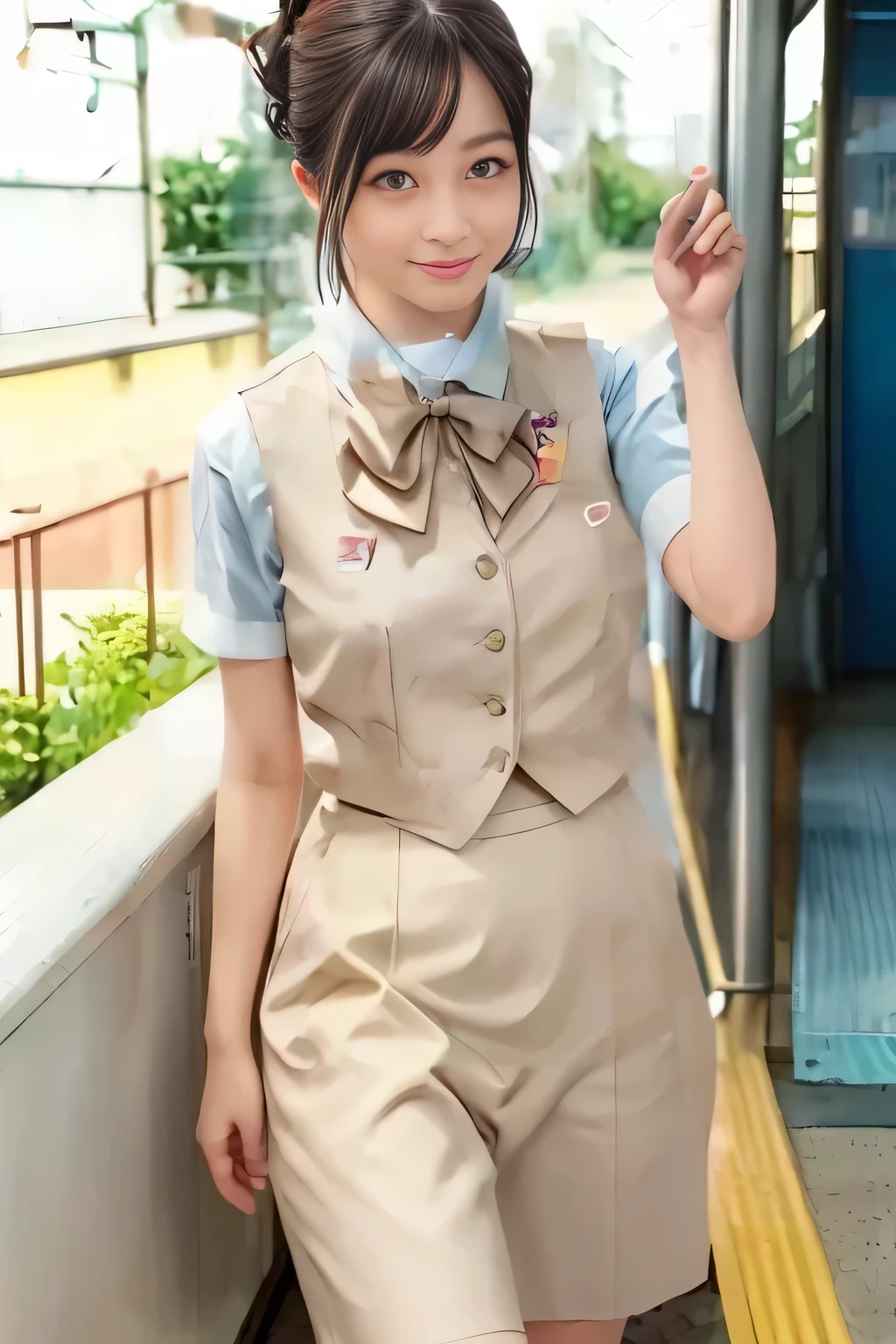 (masterpiece:1.2, Best Quality:1.2), 32K HDR, High resolution, (Alone、1 girl)、（On the roof of a building during the day、Professional Lighting）、Building rooftop background、（Real style of JR Woman wearing train crew uniform beige）、（（JR Female Train Crew Uniform Beige Light Blue Blouse Short Sleeve 、 Knee-length culottes skirt、Beige vest、scarf））、Dark brown hair、（Long Hair、Hair tied up、Hair tied up）、Dark brown hair、Long Shot、Big Breasts、Thin legs、（（Great hands：2.0）），（（Harmonious body proportions：1.5）），（（Normal limbs：2.0）），（（Normal finger：2.0）），（（Delicate eyes：2.0）），（（Normal eyes：2.0））)、smile、（JR Woman Train crew uniform beigeのKnee-length culottes skirtを見せた美しい立ち姿）、Hands down