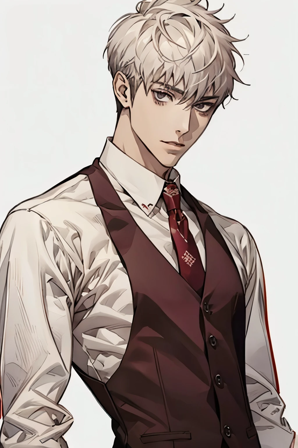 Very Short Hair、male、Handsome、good looking、（White background）、Wearing a vest over a shirt、Akihiko Sanada、tie