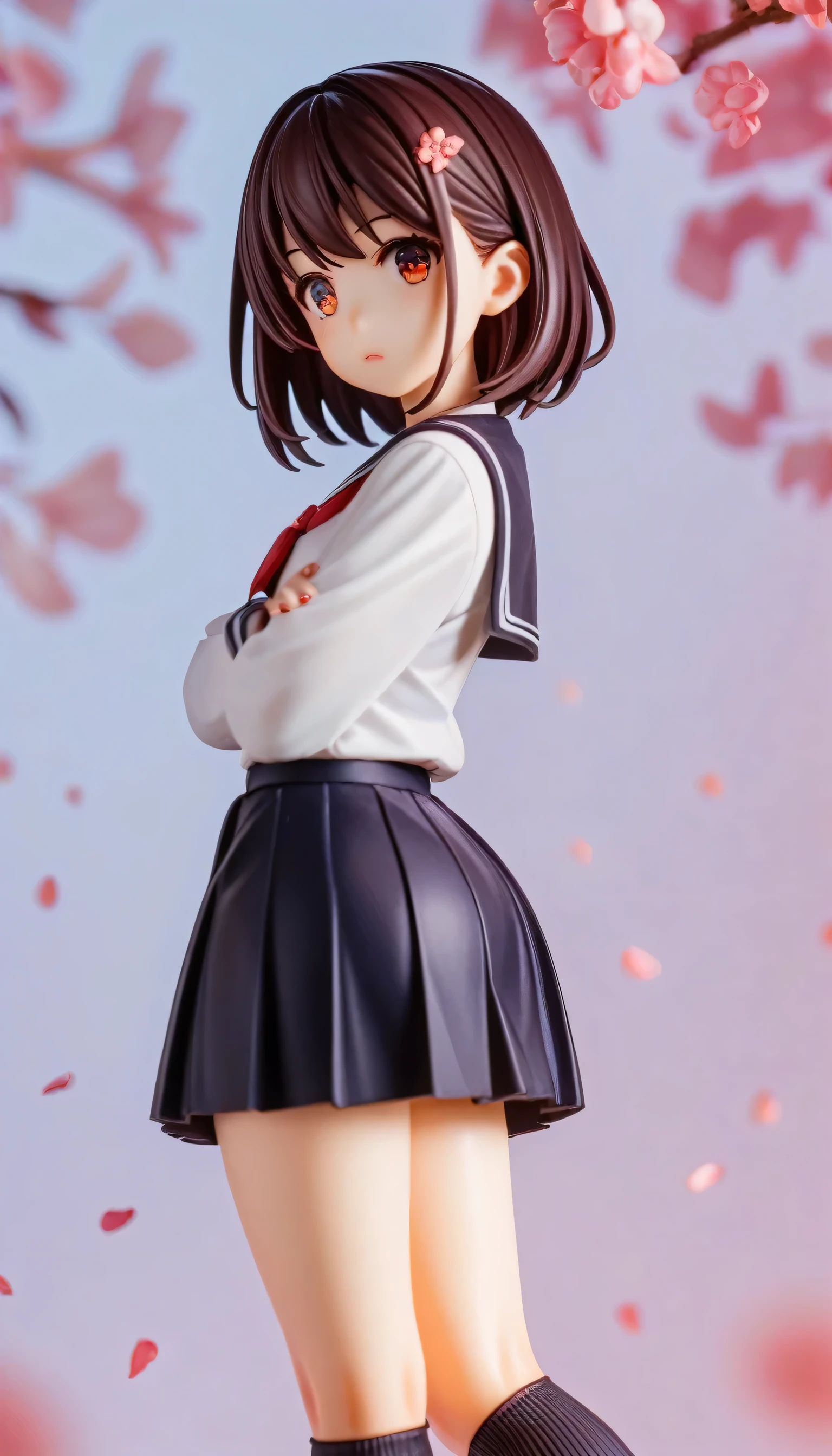Score_9、Score_8_superior、Score_7_superior、sauce_anime、High-resolution images、Best Quality、girl、Cute Face、Beautiful Skin、Shiny Hair、Highly detailed eyes、Simple Background、Jozipan、mini skirt、Primary school students、river、cherry blossoms、very cute Primary school students girl、(Small body)
