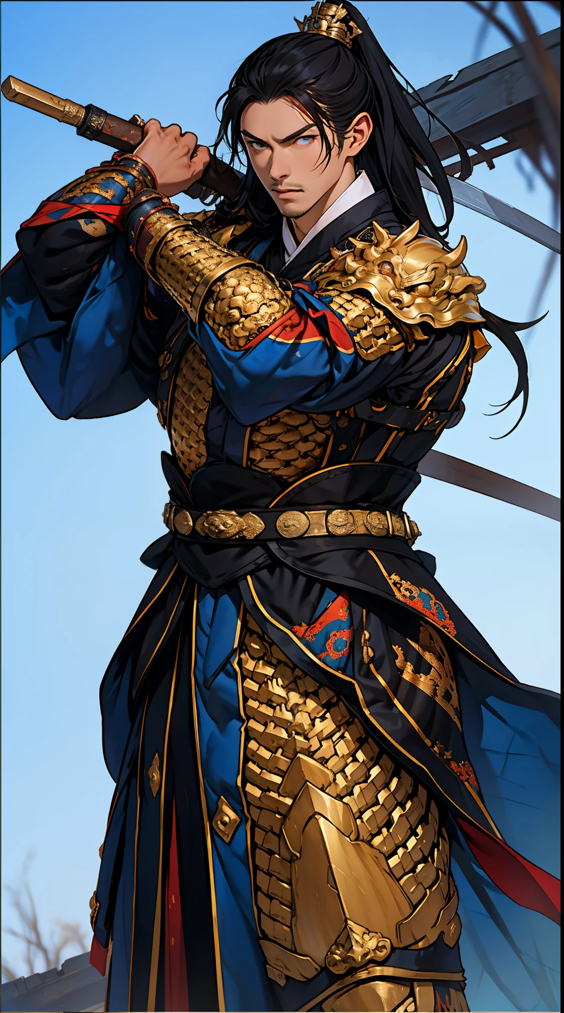 one person（Male Warrior），Correct proportions，Facial details，swordsman，High Ponytail Hairstyle，Blue robe，Clothing details，transfer，Long sleeve，Game quality，Ray Tracing，CG Rendering，Hair details，Black long hair，Blue Eyes，Handsome，Handsome，（The feeling of youth），Perfect composition，Refinement，high quality，More details，Lots of details