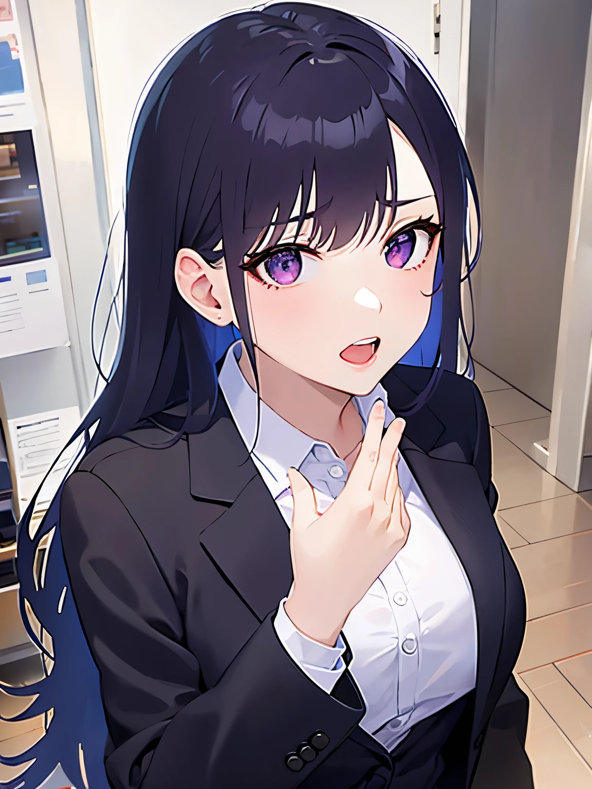 Anime girl with long black hair and blue eyes in a room - SeaArt AI