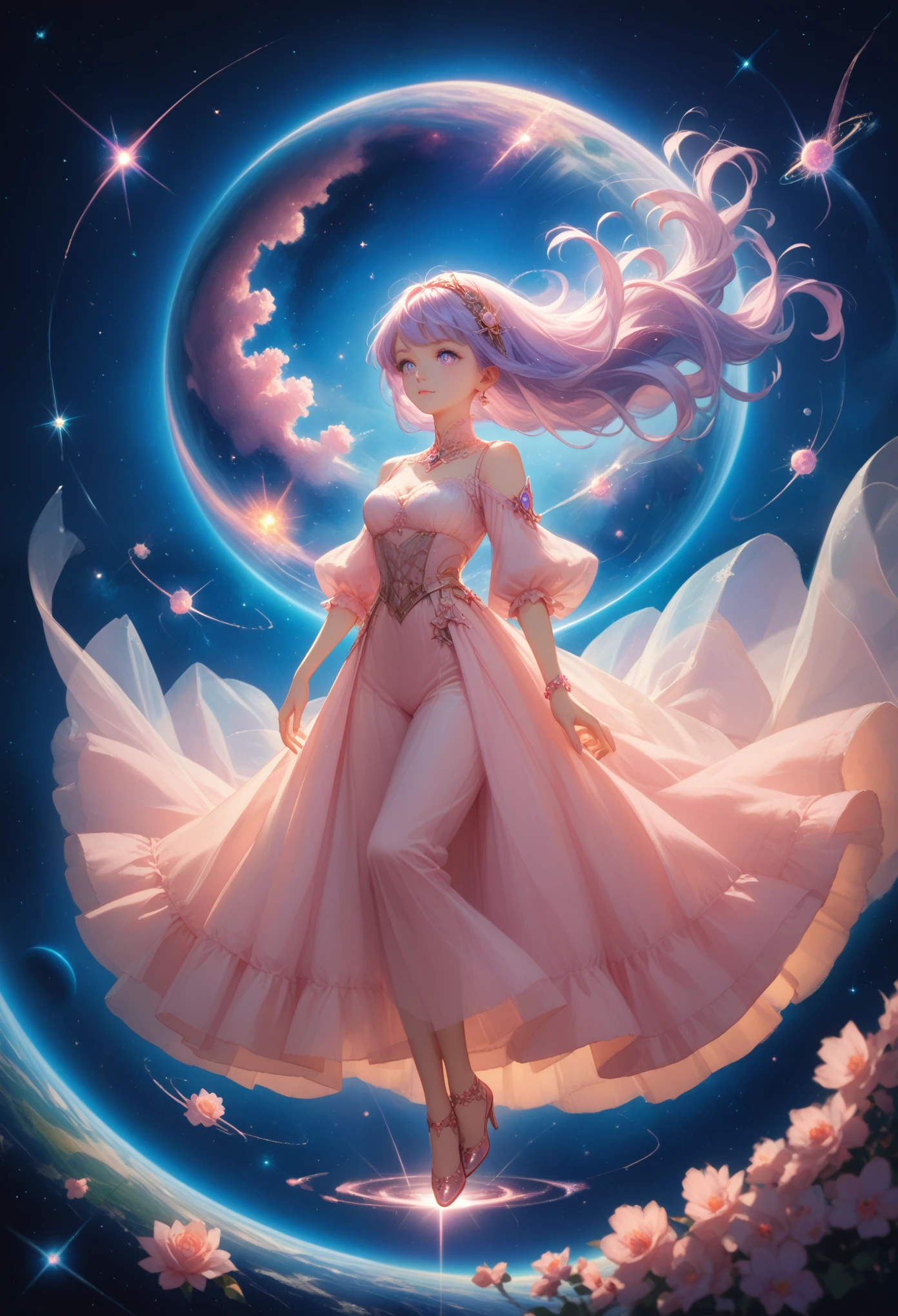 ((masterpiece,Best quality)),(negative space:1.4),(1 girl, One:1.4),beautiful detailed eyes, floating hair pastel pink and lavender, Lavender eyes, at night, starry sky, the stars are shining, full length, A game of shadows, Excellent World, Fantasy, Mysticism, 