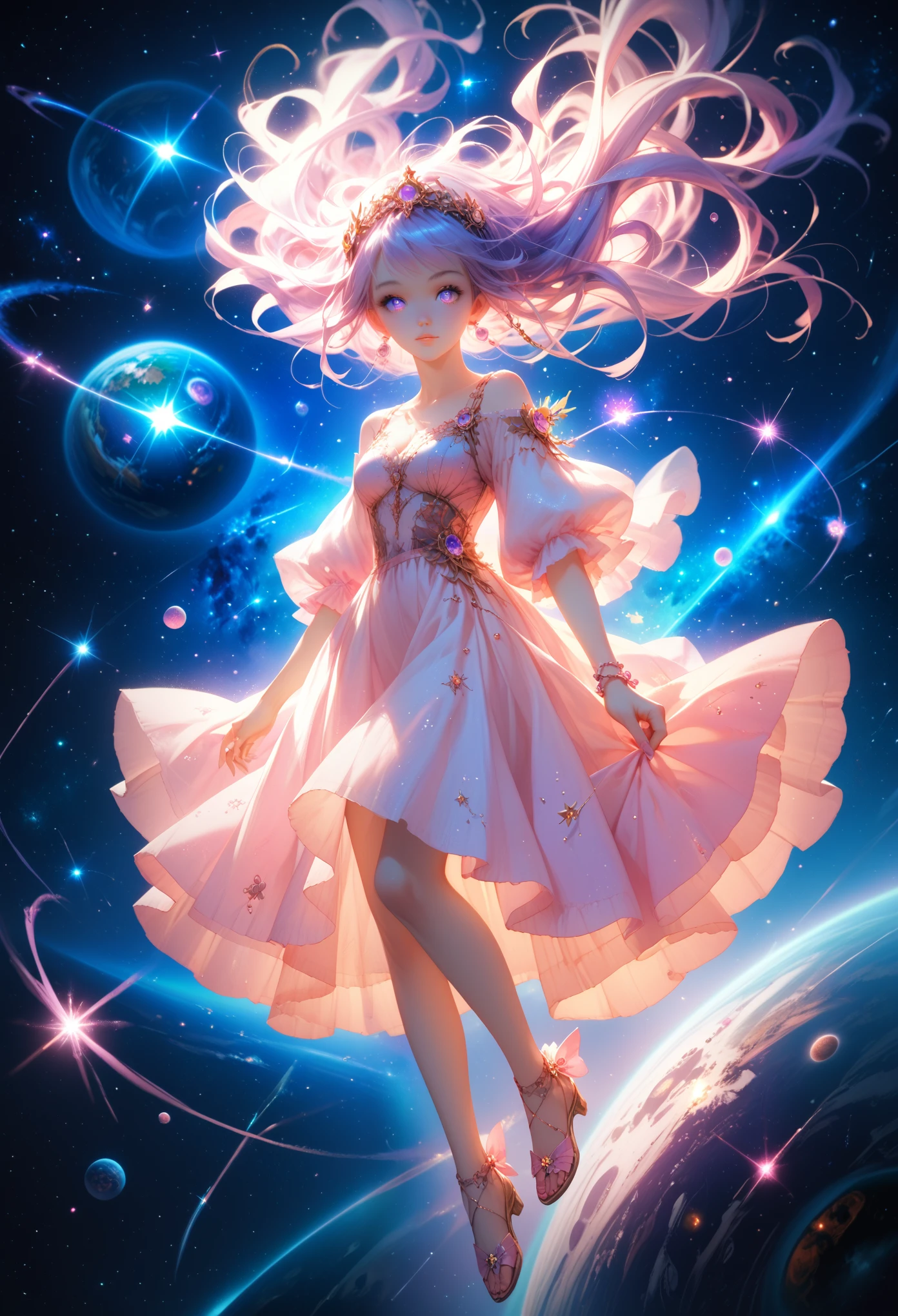 ((masterpiece,Best quality)),(negative space:1.4),(1 girl, One:1.4),beautiful detailed eyes, floating hair pastel pink and lavender, Lavender eyes, at night, starry sky, the stars are shining, full length, A game of shadows, Excellent World, Fantasy, Mysticism, 